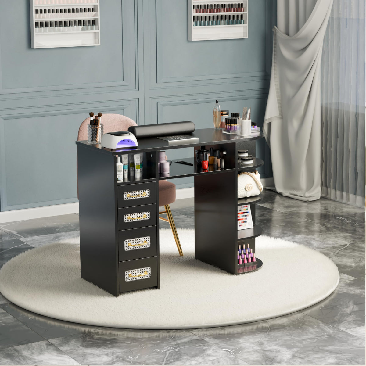 OmySalon MT Rattan Nail Manicure Table with Display Storage, Electric Dust Collector & Wrist Rest