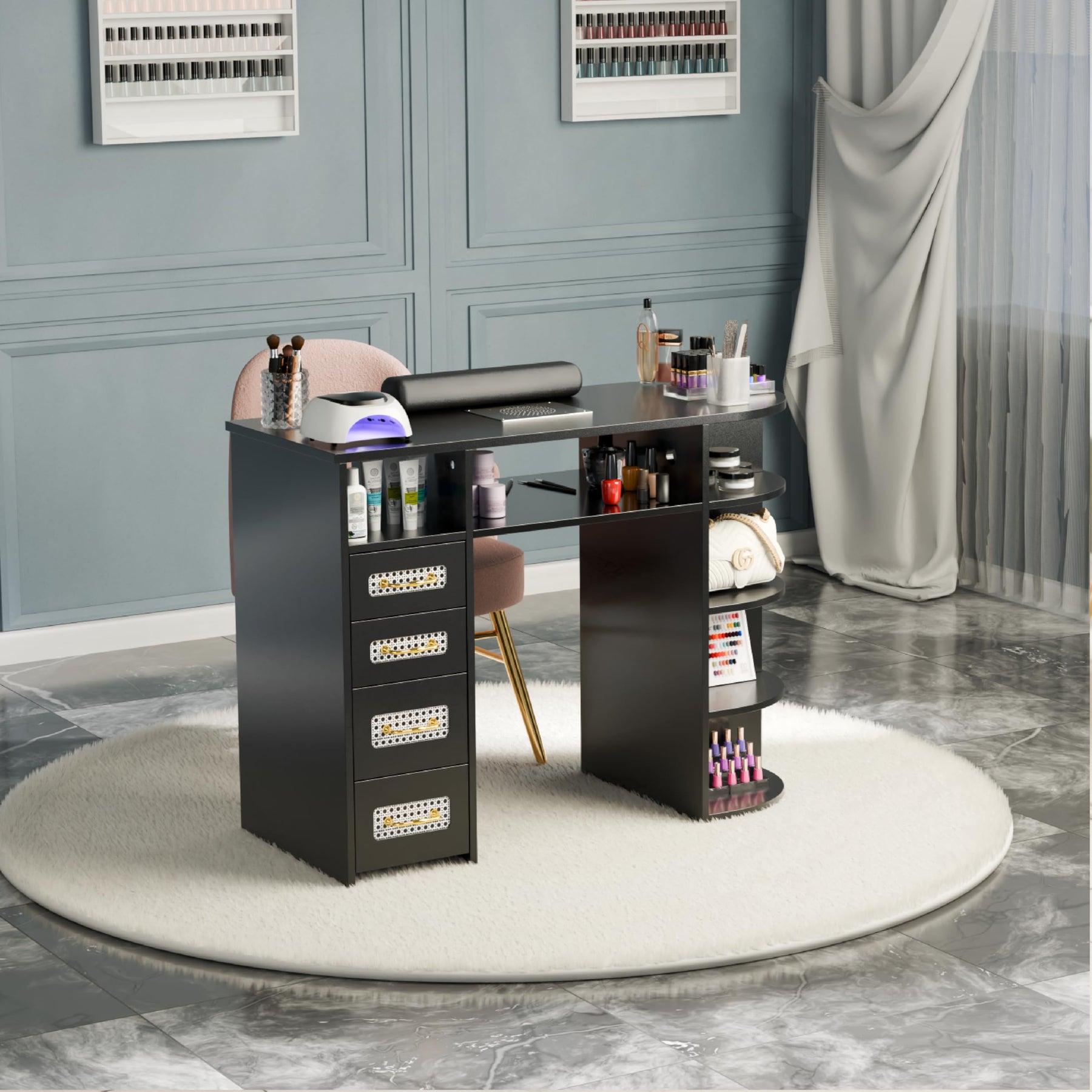 OmySalon MT Rattan Nail Manicure Table with Display Storage, Electric Dust Collector & Wrist Rest