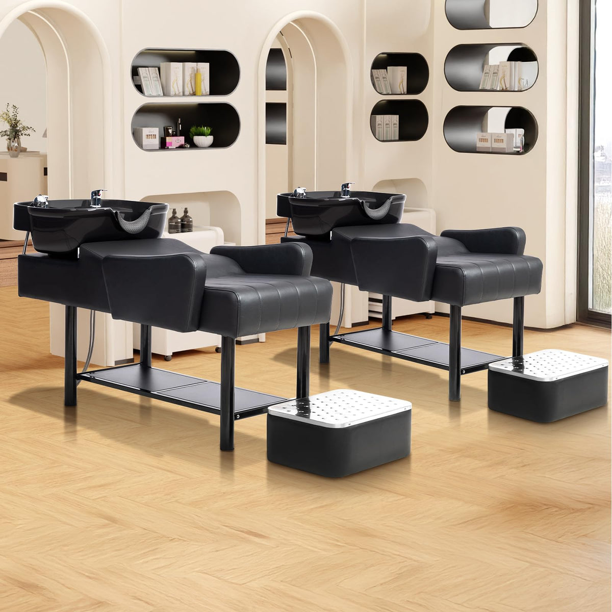 OmySalon BU2501 Salon Shampoo Backwash Unit with ABS Plastic Bowl & Storage Shelf & Freestanding Ottoman