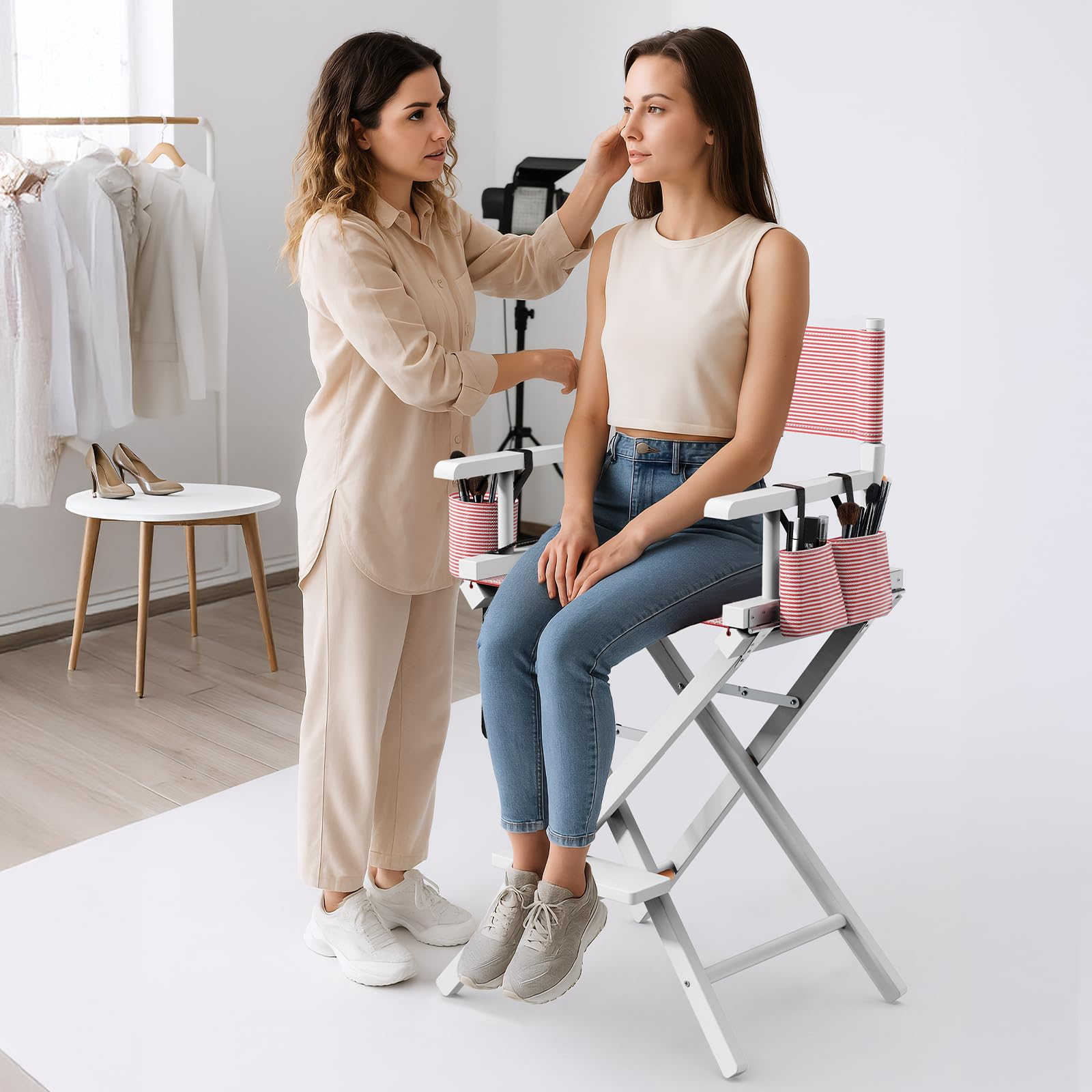 OmySalon 26in Wooden Portable Director Chair Folding Makeup Chair with Storage Pouch