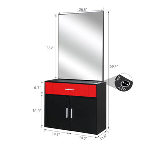 OmySalon Wall Mount Salon Station with Mirror 1 Drawer 1 Storage Cabinet 2 Hair Dryer Holders Black/Black & Red