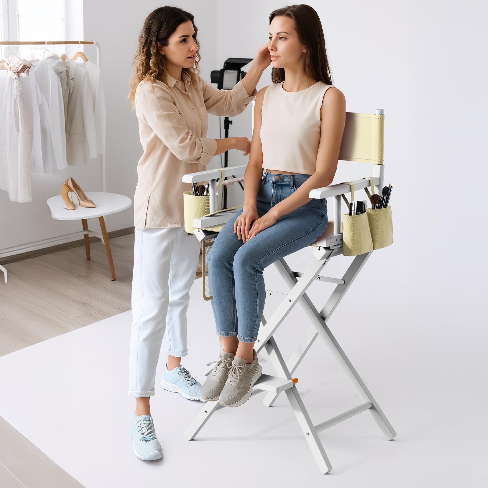 OmySalon 31in Wooden Portable Director Chair Folding Makeup Chair with Storage Pouch