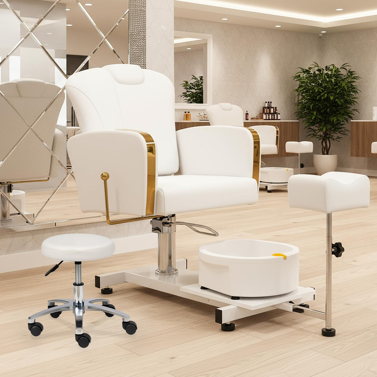 OmySalon PCM-WB 360° Rotation Hydraulic Pedicure Chair with Bubble Foot Bath & Rolling Stool