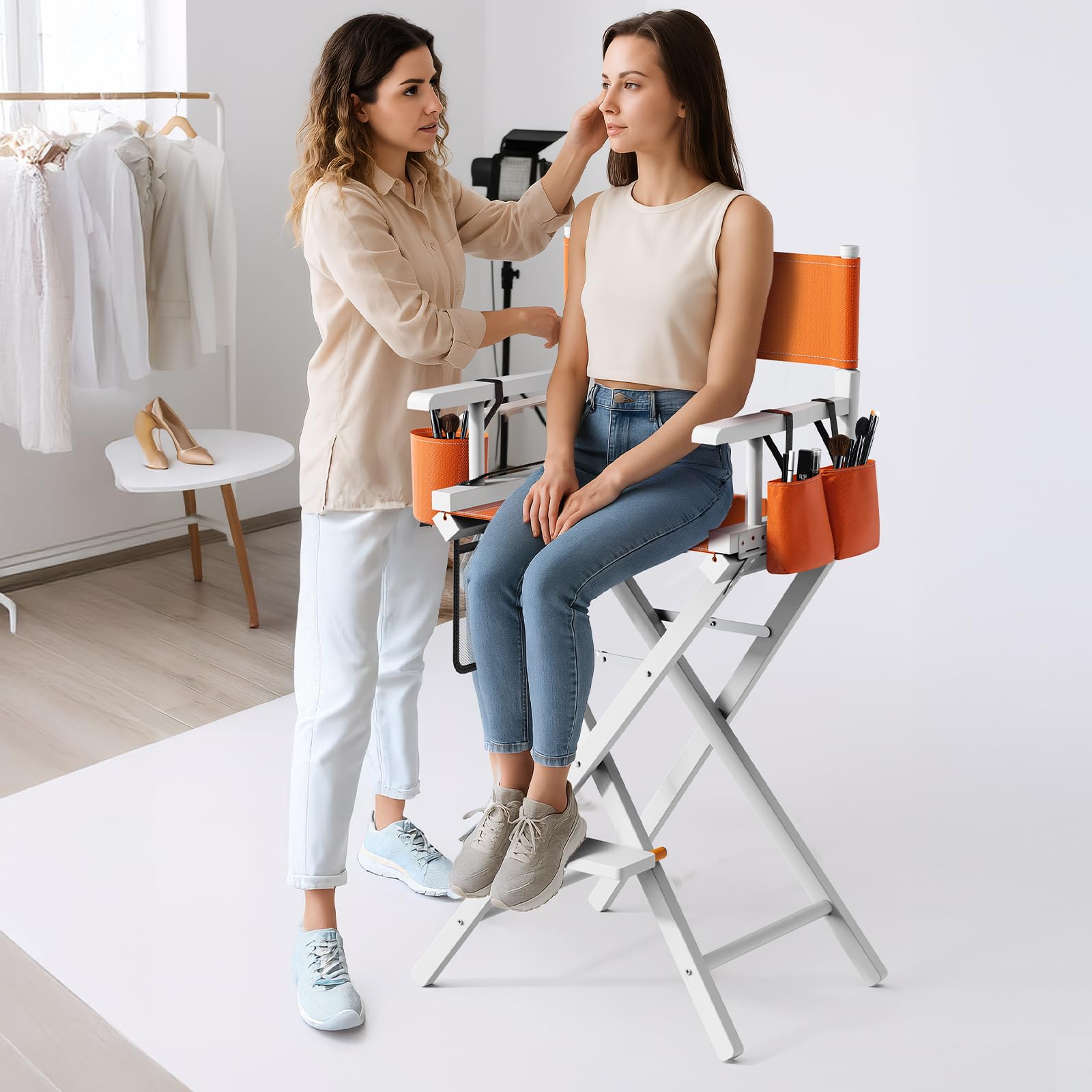 OmySalon 31in Wooden Portable Director Chair Folding Makeup Chair with Storage Pouch