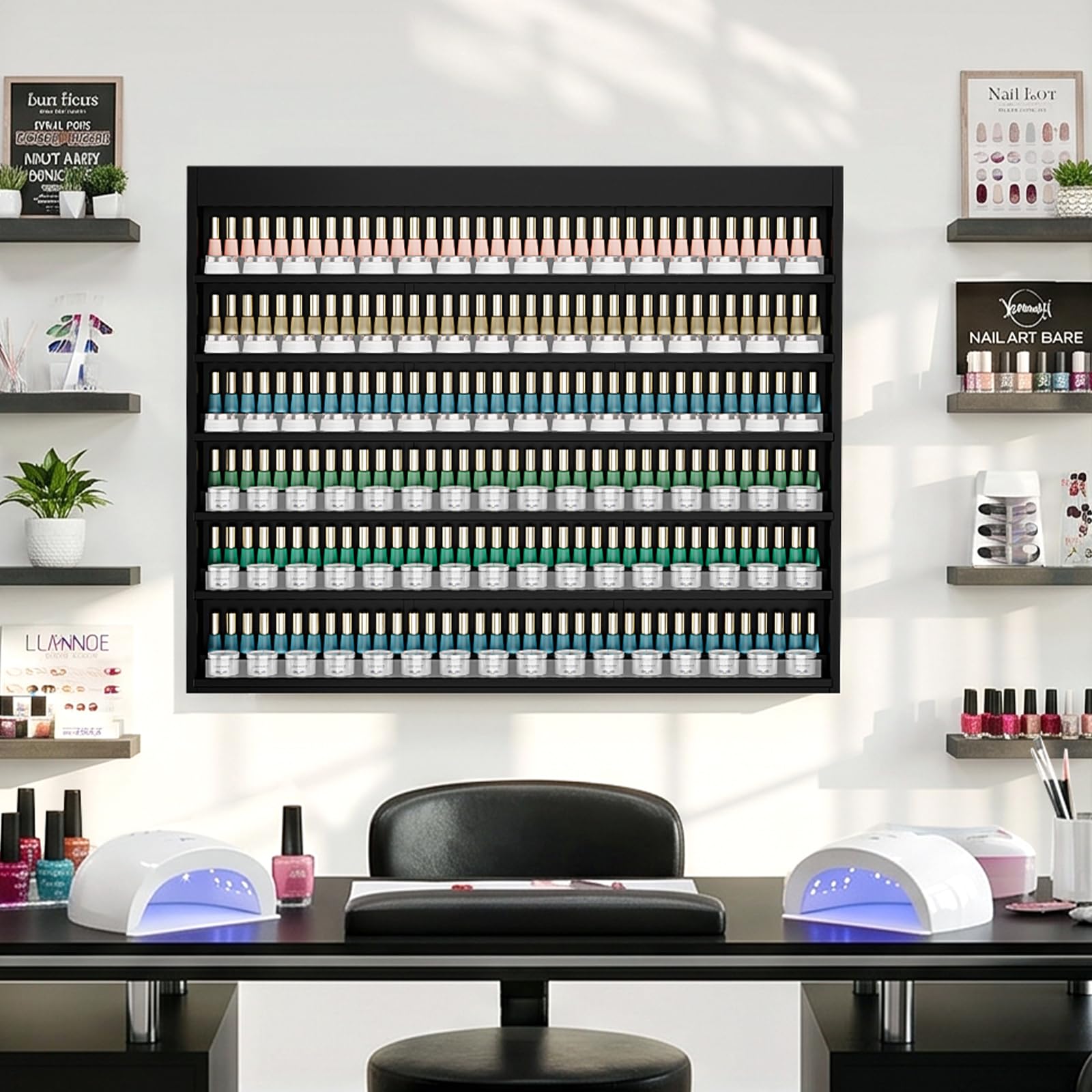 OmySalon Double 6-Tier Wall Mount Nail Polish & Powder Organizer Rack with Acrylic Barriers