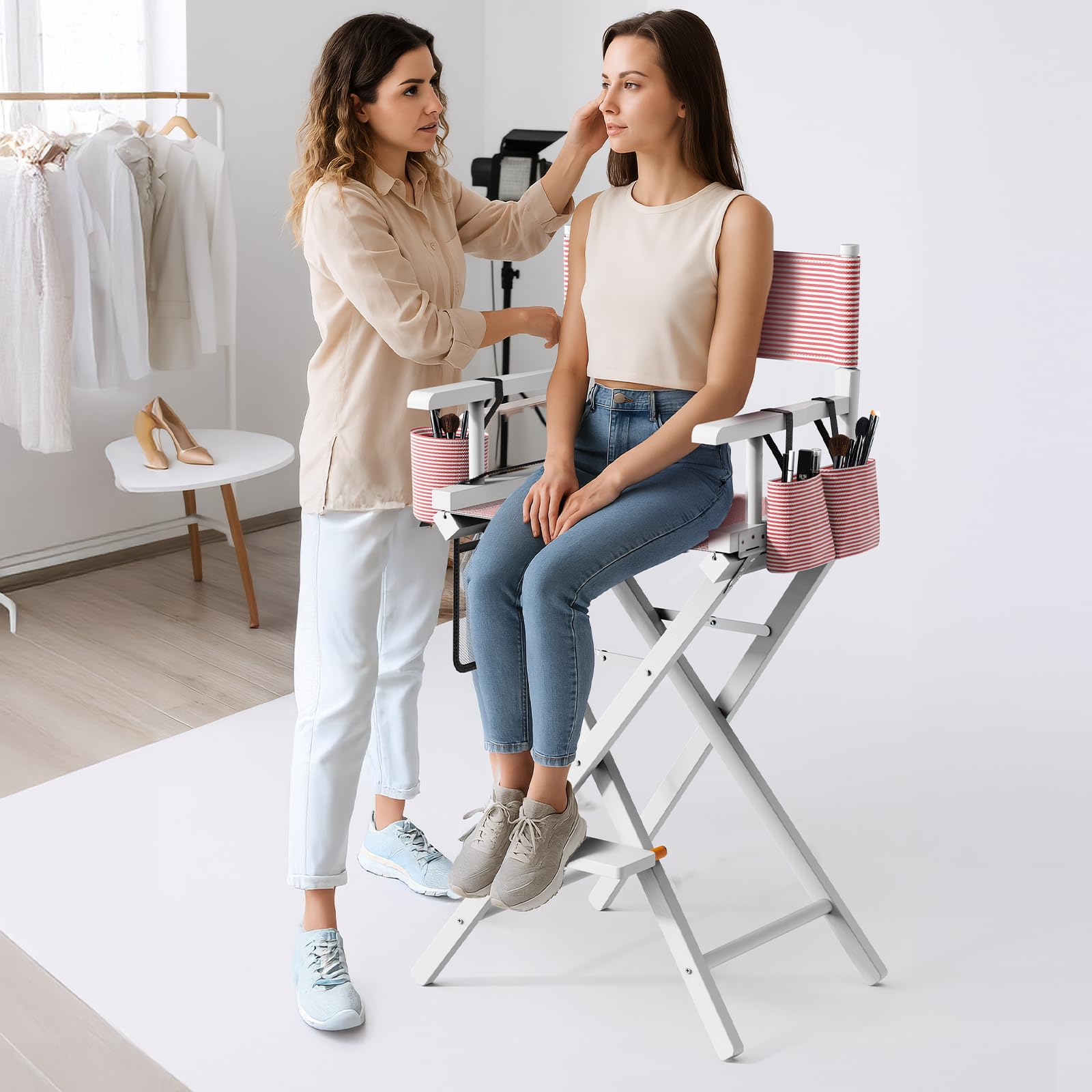 OmySalon 31in Wooden Portable Director Chair Folding Makeup Chair with Storage Pouch