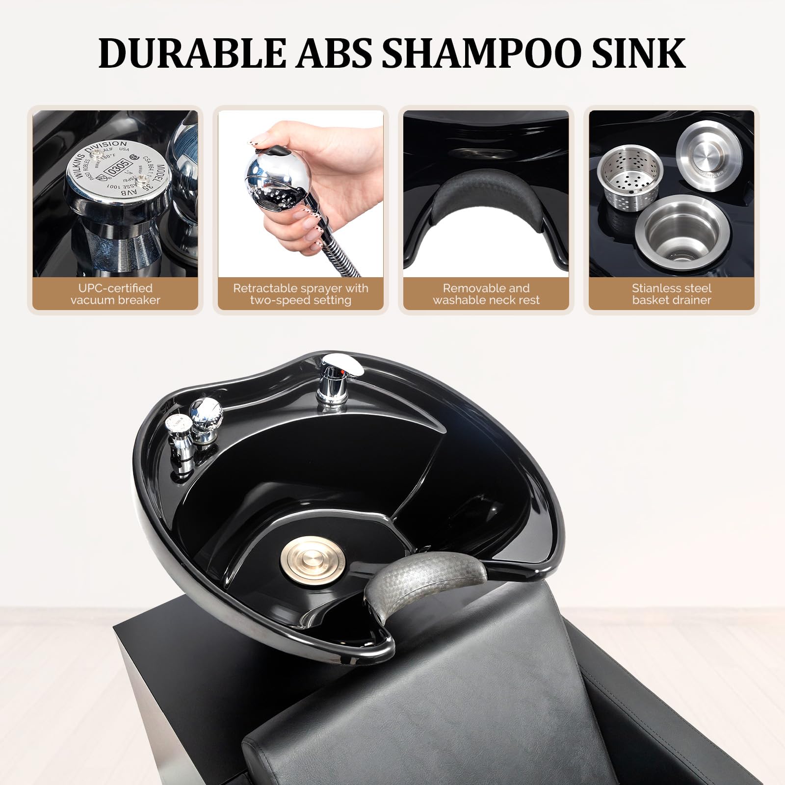 OmySalon BU2001 Salon Shampoo Backwash Chair Unit with ABS Plastic Bowl & Wooden Cabinet