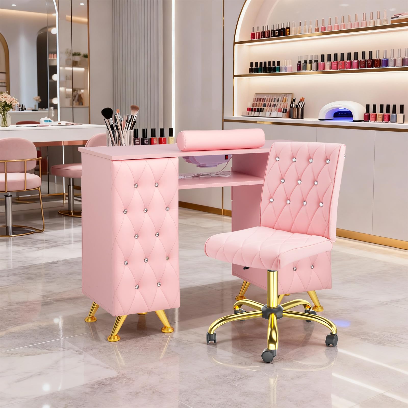 OmySalon MT-SC Nail Manicure Table w/Electric Dust Collector & Wrist Rest & Diamond Decoration