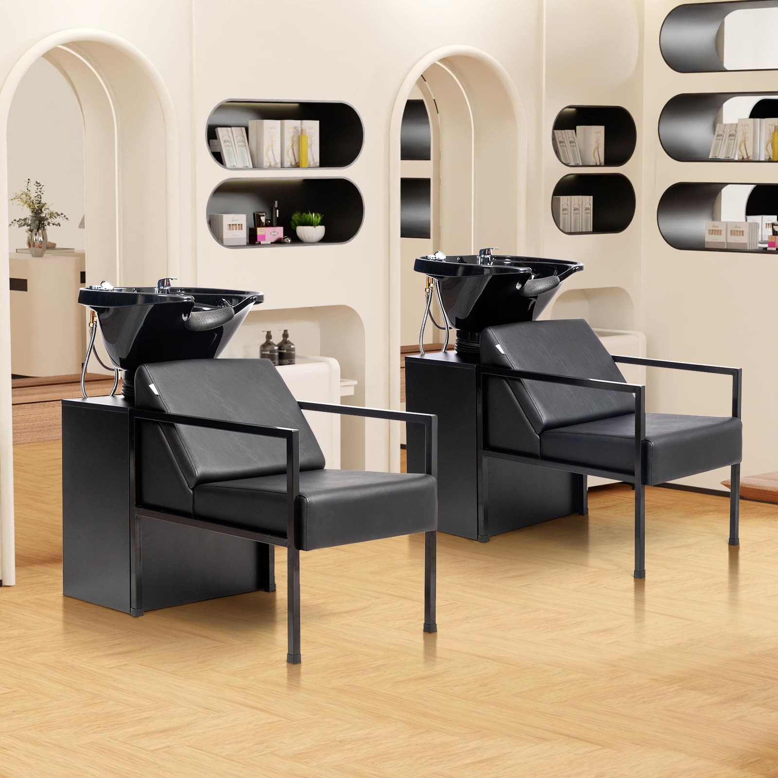 OmySalon BU2101 Salon Shampoo Backwash Chair Unit with Tilting ABS Plastic Bowl & Storage Cabinet Station