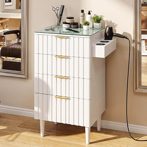 OmySalon SCGFD Modern Retro Salon Styling Station with Glass Top, 4 Drawers & 3 Hot Tool Holders