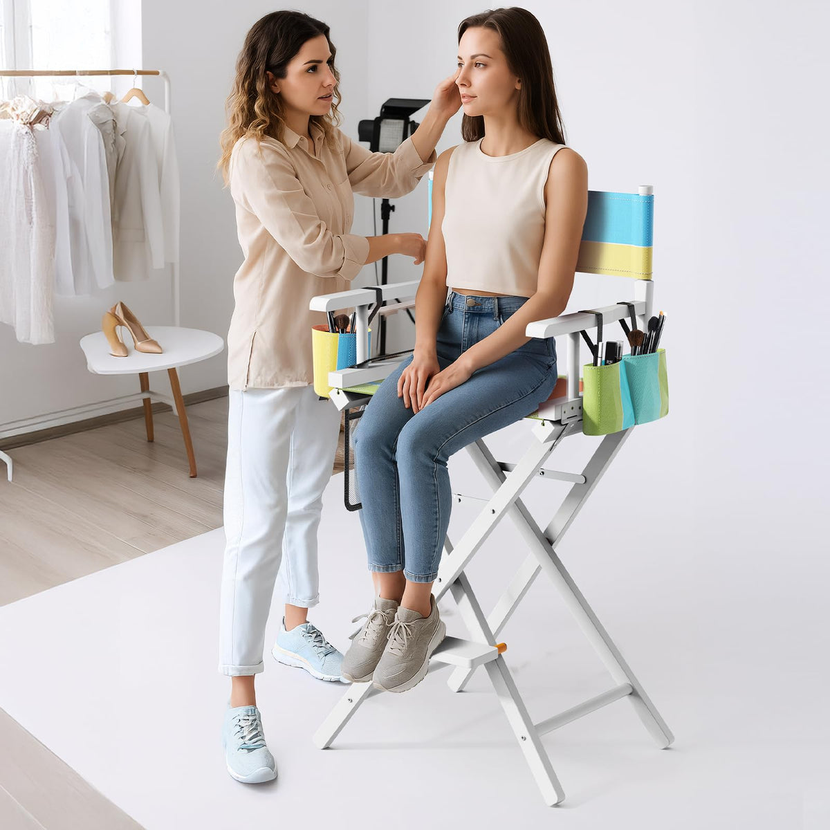 OmySalon 31in Wooden Portable Director Chair Folding Makeup Chair with Storage Pouch