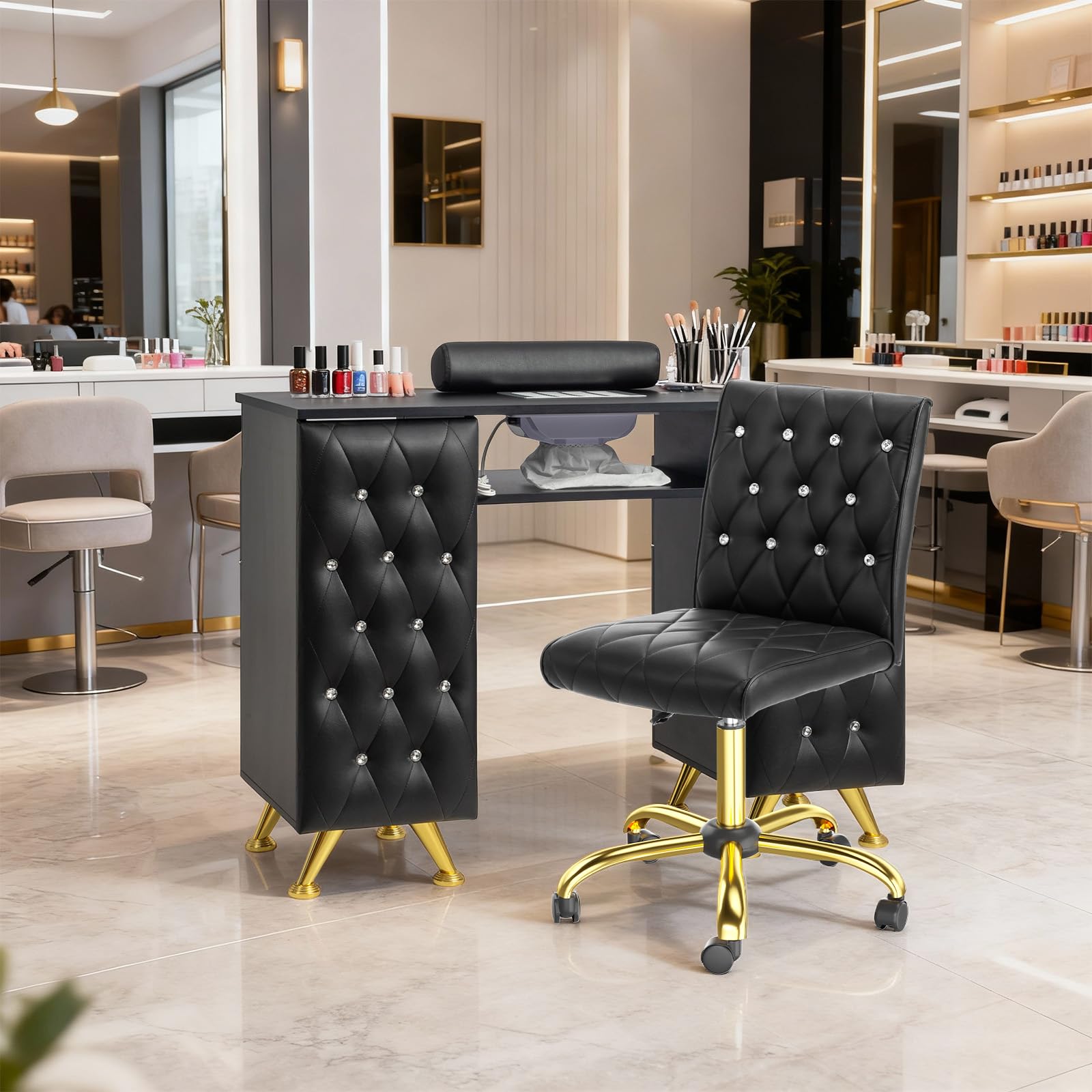 OmySalon MT-SC Nail Manicure Table w/Electric Dust Collector & Wrist Rest & Diamond Decoration