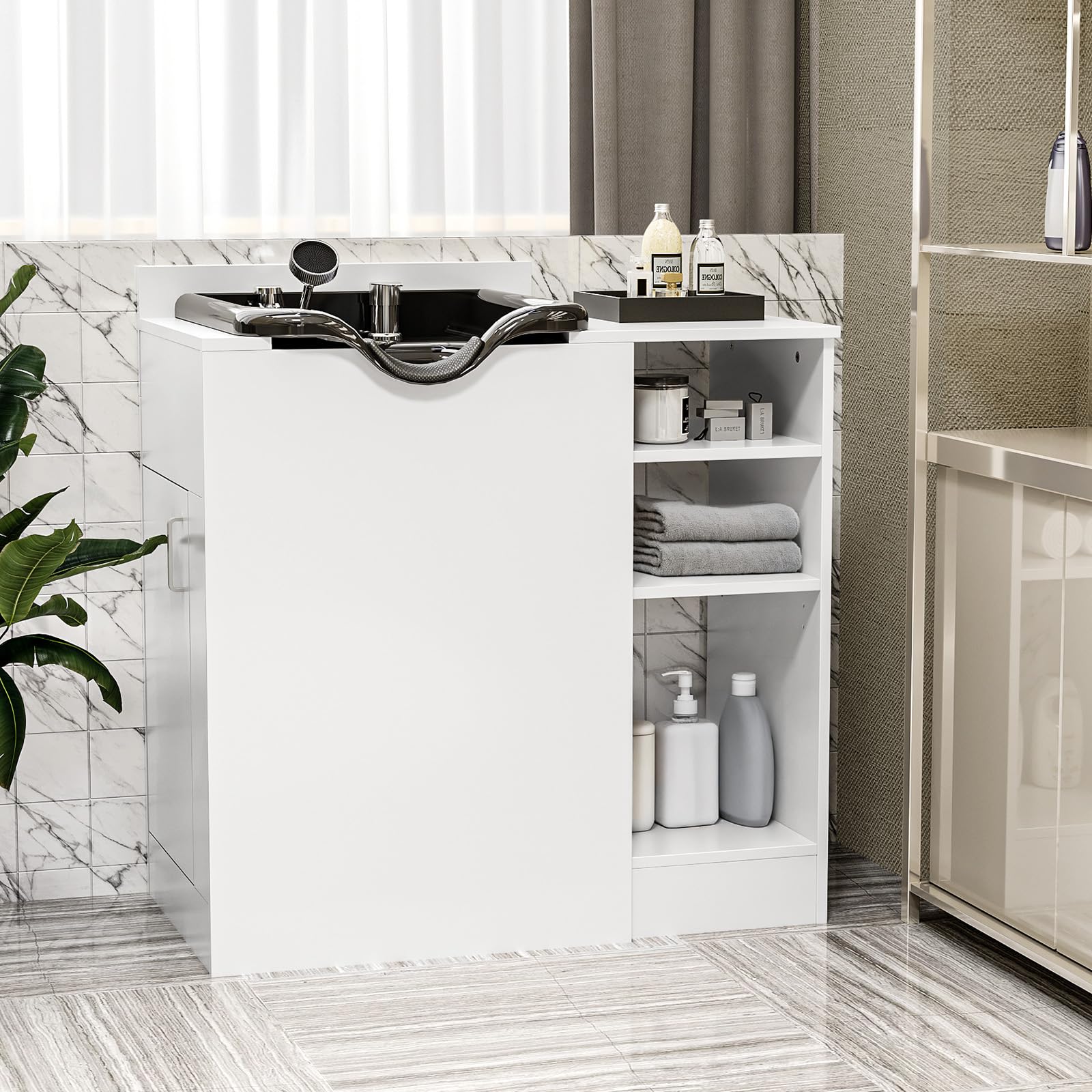 Omysalon HWCOC Salon Wet Cabinet Station with Shampoo Bowl & Adjustable Shelves & Sprayer Faucet