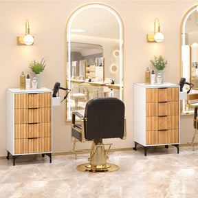 OmySalon SCWFD Modern Retro Style Salon Styling Storage Station Cabinet with Removable Glass Top & 4 Drawers 3 Hot Tool Holders