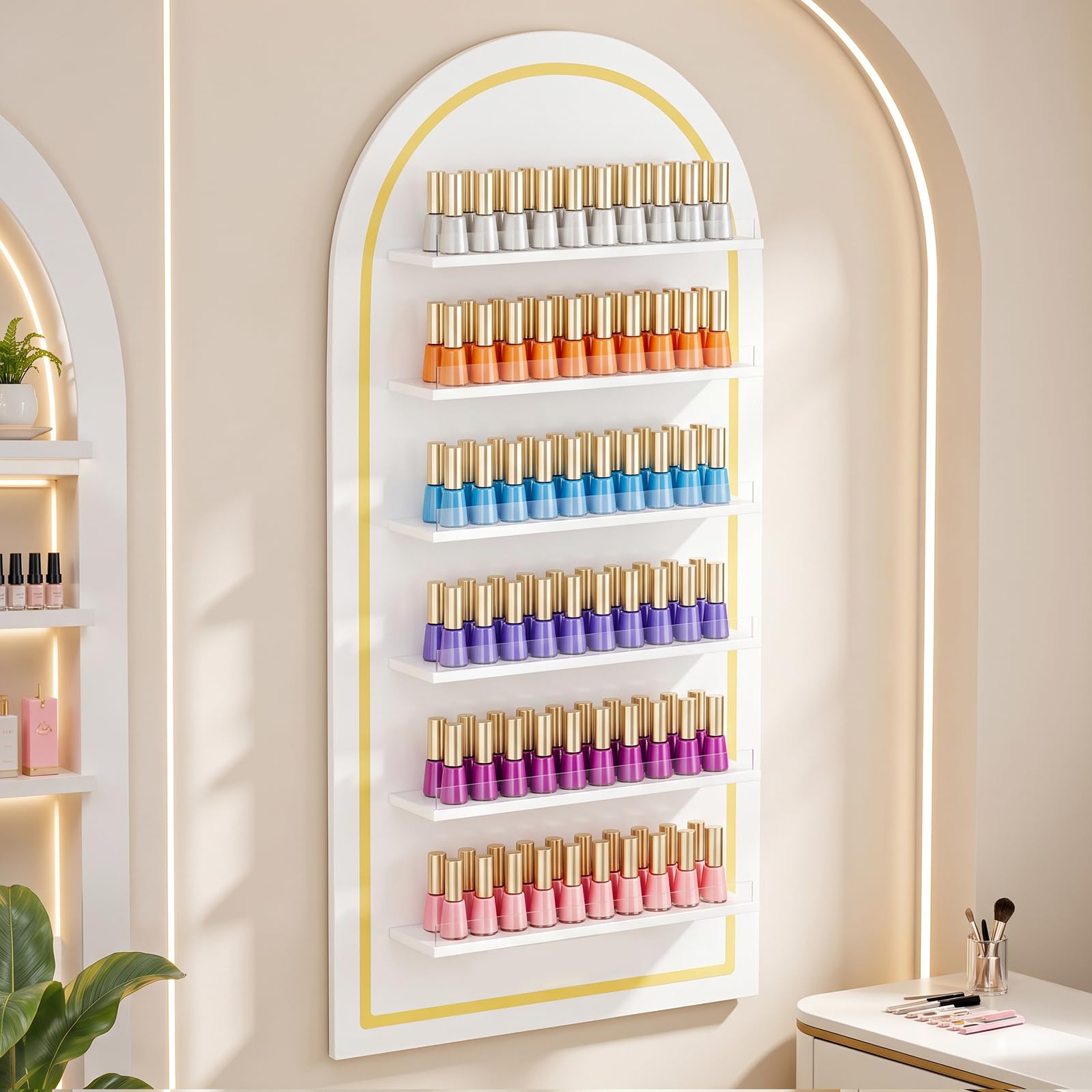 OmySalon Wall-Mounted Arched 6-Tier Nail Polish Rack With 5.5" Extra-Tall Shelves