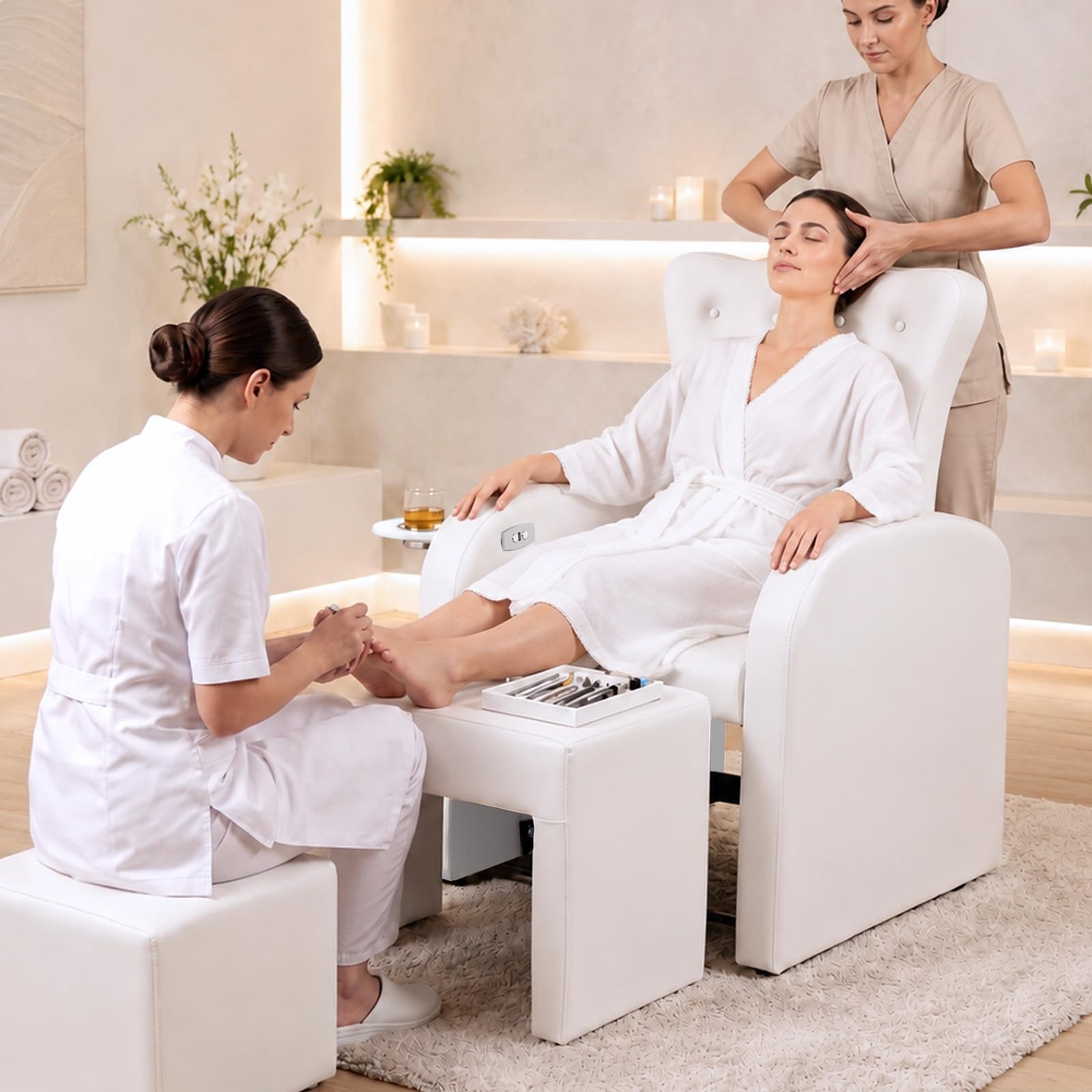 OmySalon PCE-BD 3-in-1 Plumbless Electric Pedicure Chair With Technician Stool Footrest And Adjustable Backrest