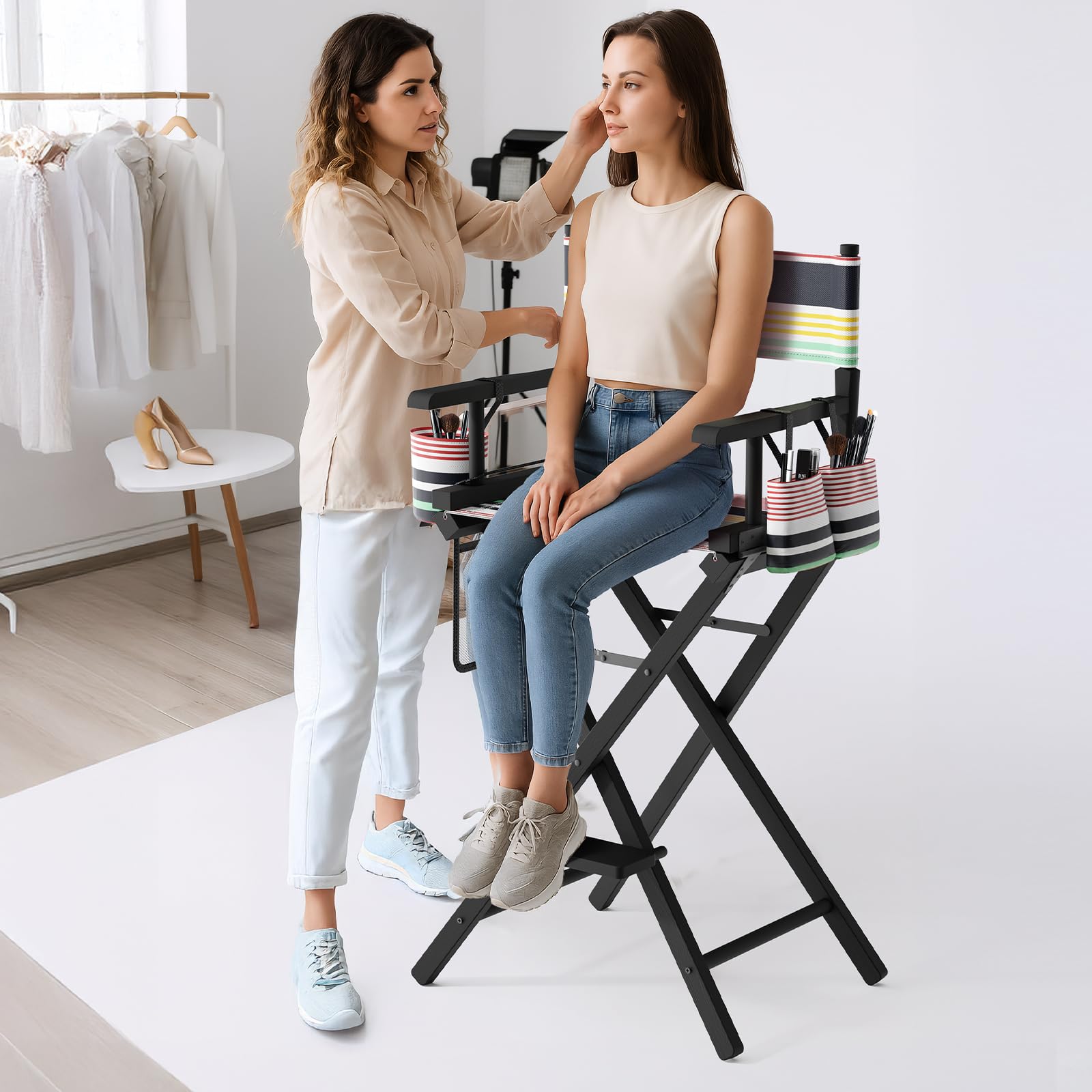 OmySalon 31in Wooden Portable Director Chair Folding Makeup Chair with Storage Pouch