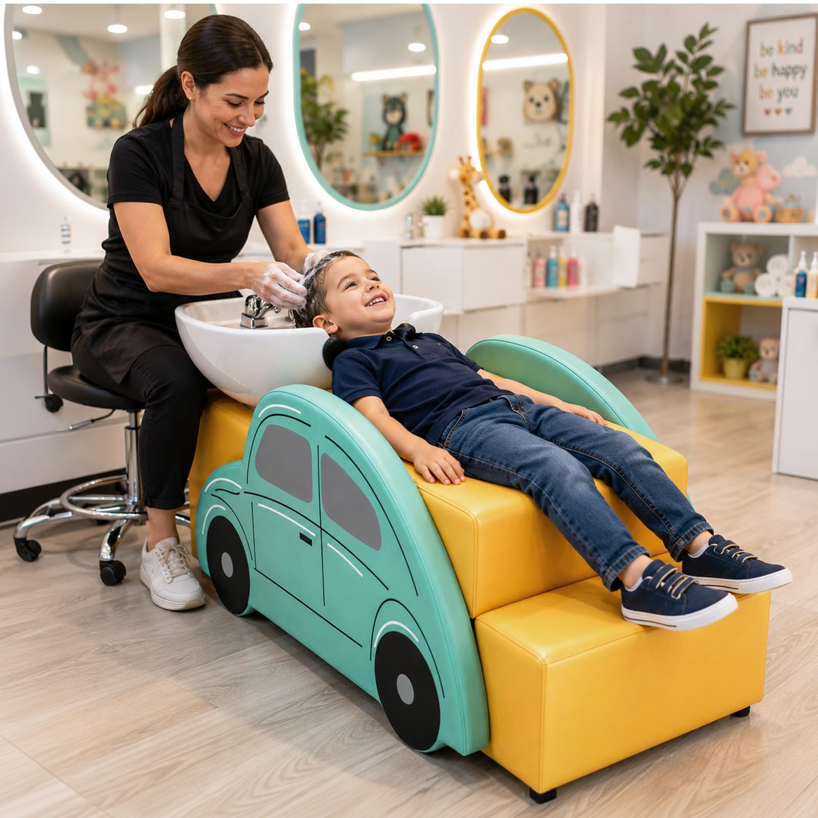 OmySalon BU2802 Child Shampoo Bowl and Chair Backwash Unit with Ceramic Bowl & Reclining Car Seat