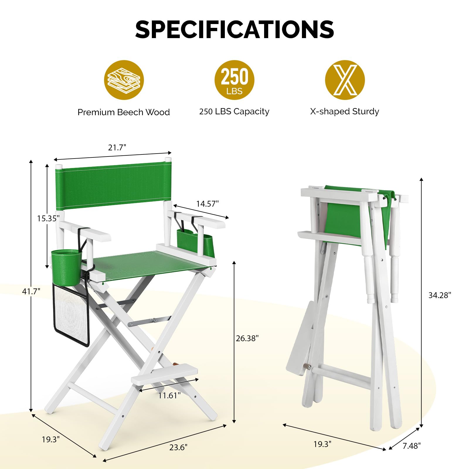 OmySalon 26in Wooden Portable Director Chair Folding Makeup Chair with Storage Pouch