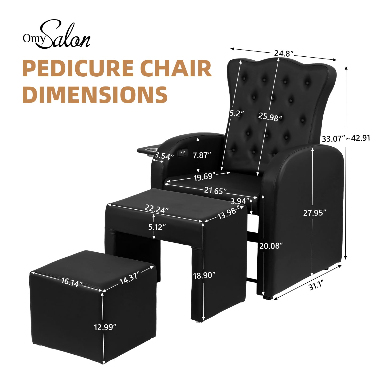OmySalon PCE-BD 3-in-1 Plumbless Electric Pedicure Chair With Technician Stool Footrest And Adjustable Backrest
