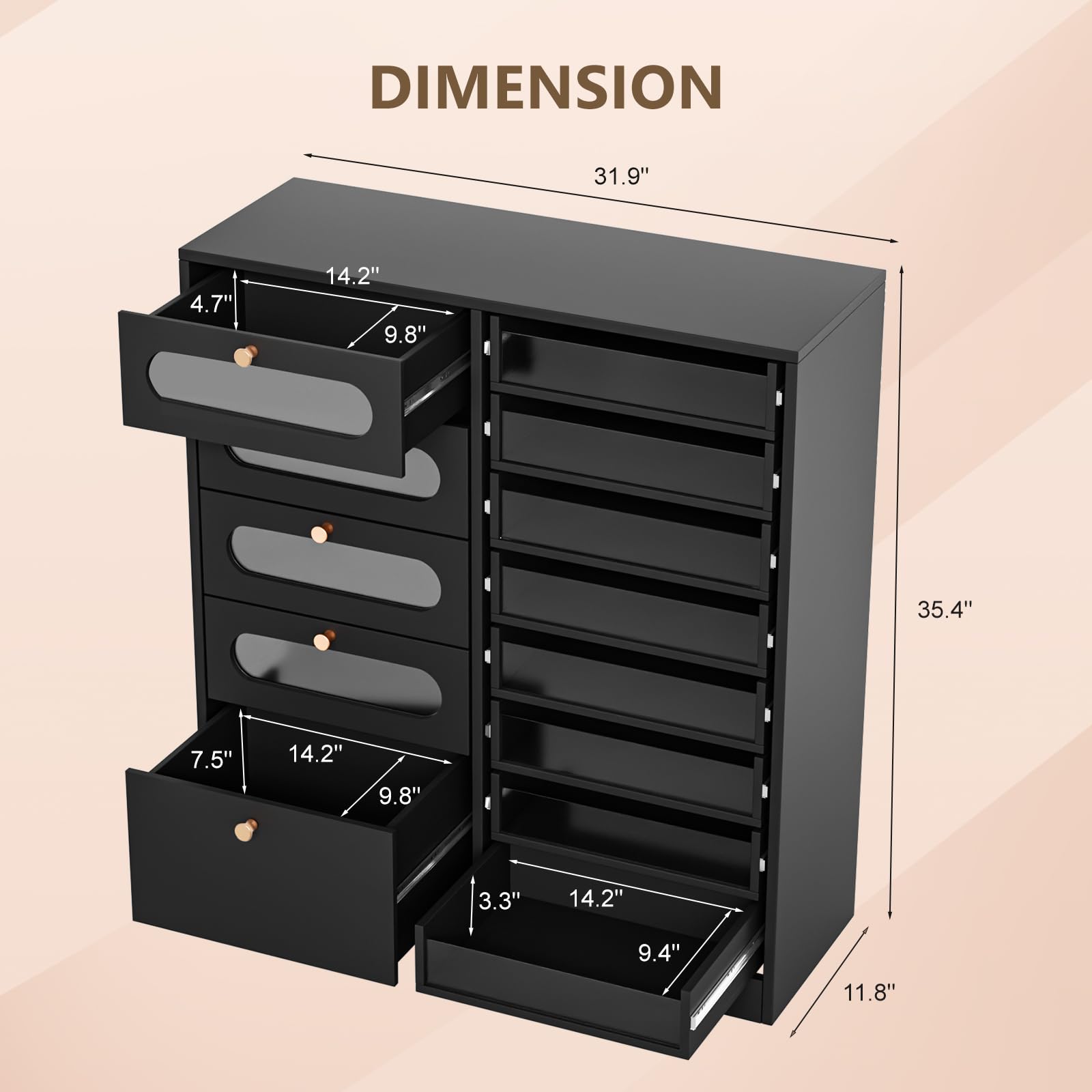 OmySalon 32" L Floor-Standing Nail Polish & Powder Organizer Cabinet with 8 Clear & 4 Visual Drawers