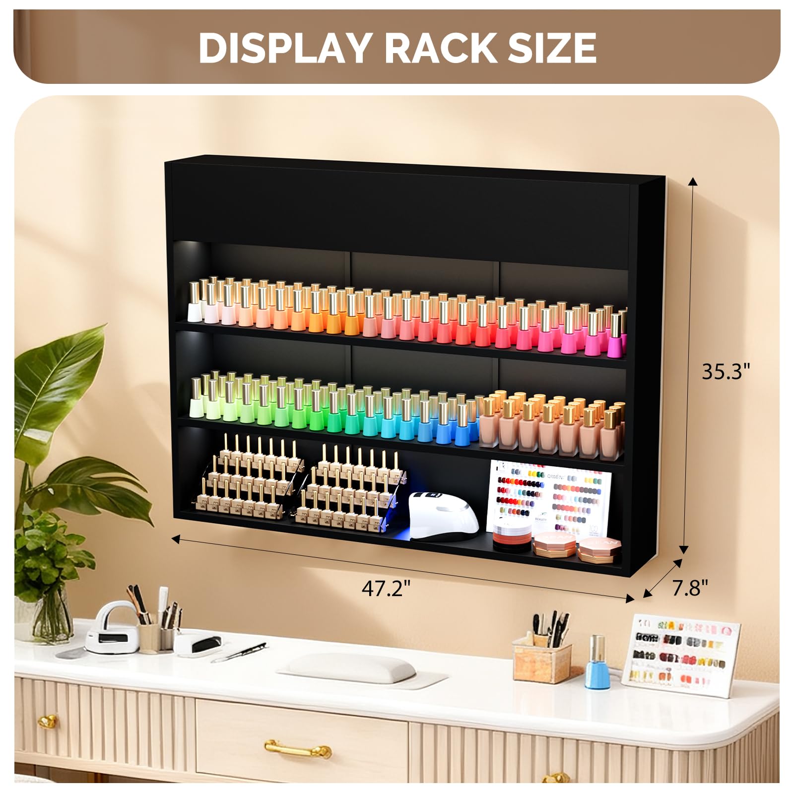 OmySalon 3-Tier Wall Mount LED Wooden Nail Polish Organizer Shelf with USB Touch Control