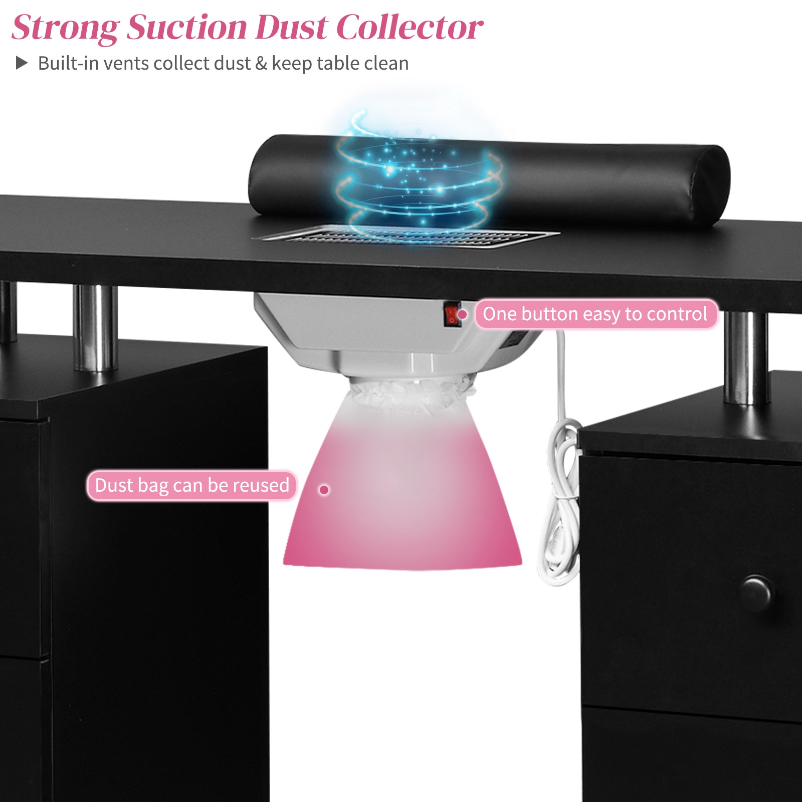 Omysalon MT-DC Nail Manicure Table w/Electric Dust Collector & Wrist Rest & 2 Open Spaces 1 Side Cabinet 4 Drawers