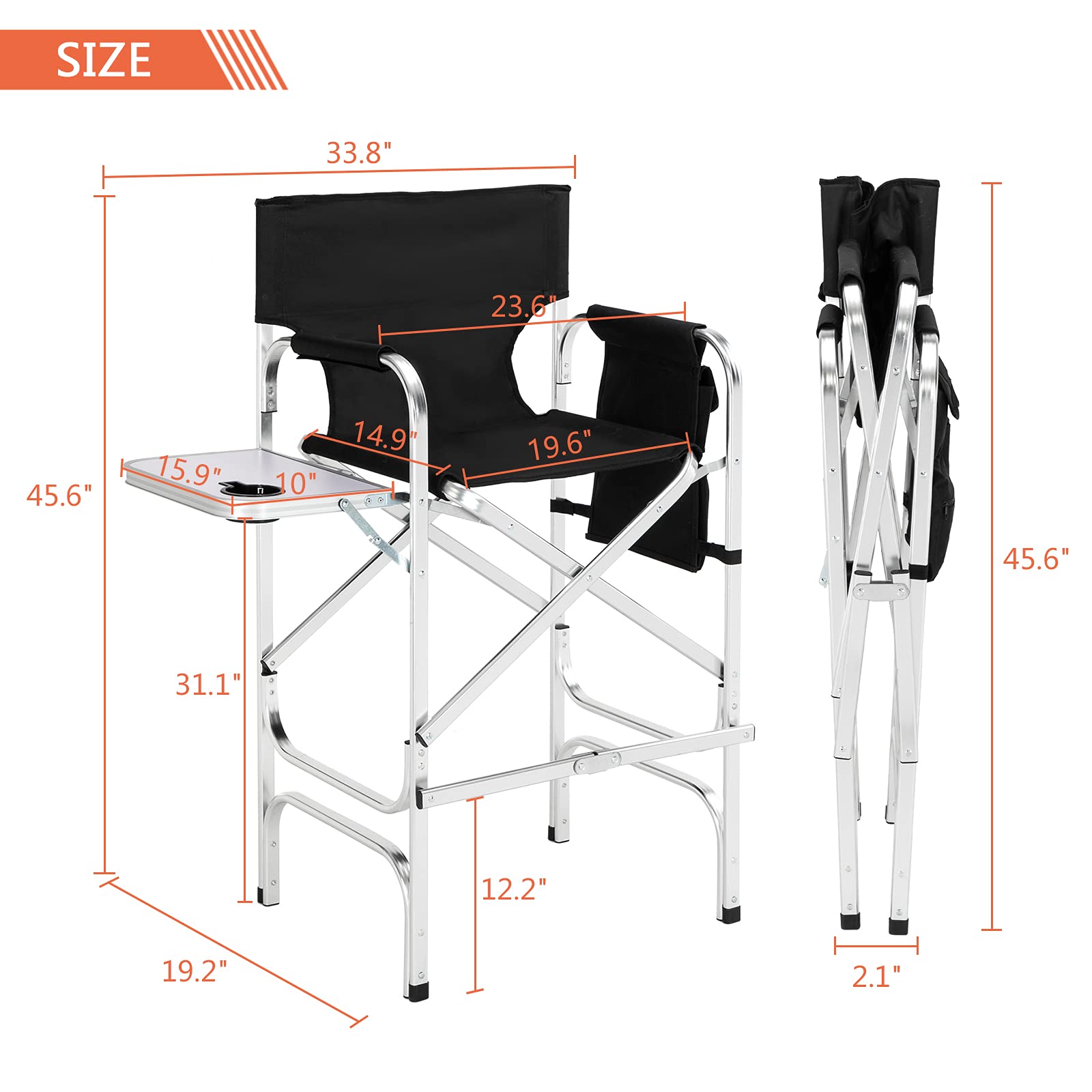 Omysalon 30in Portable Folding Director Chair with Collapsible Side Table