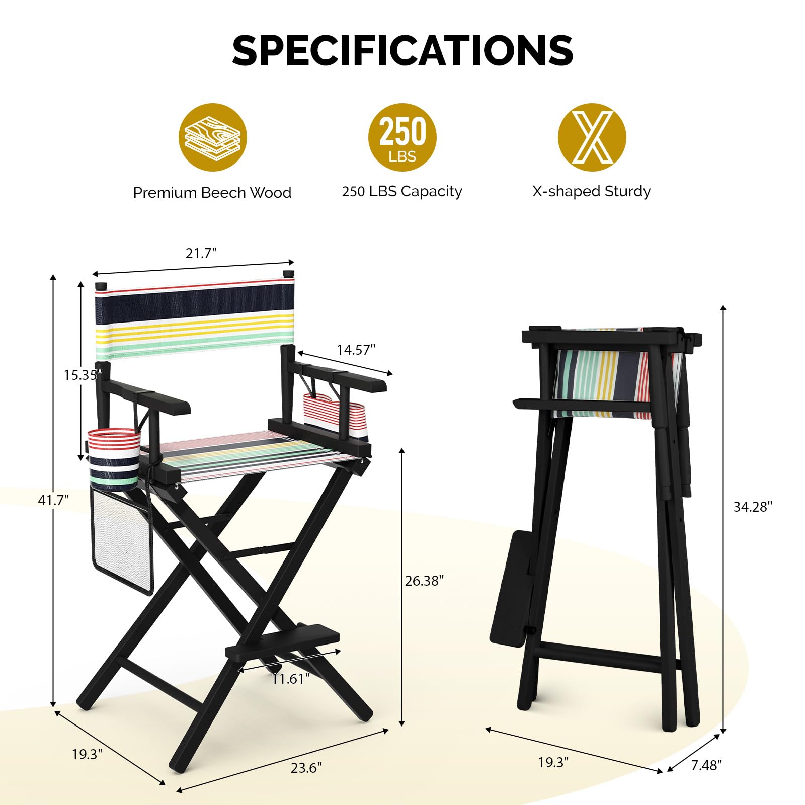 OmySalon 26in Wooden Portable Director Chair Folding Makeup Chair with Storage Pouch