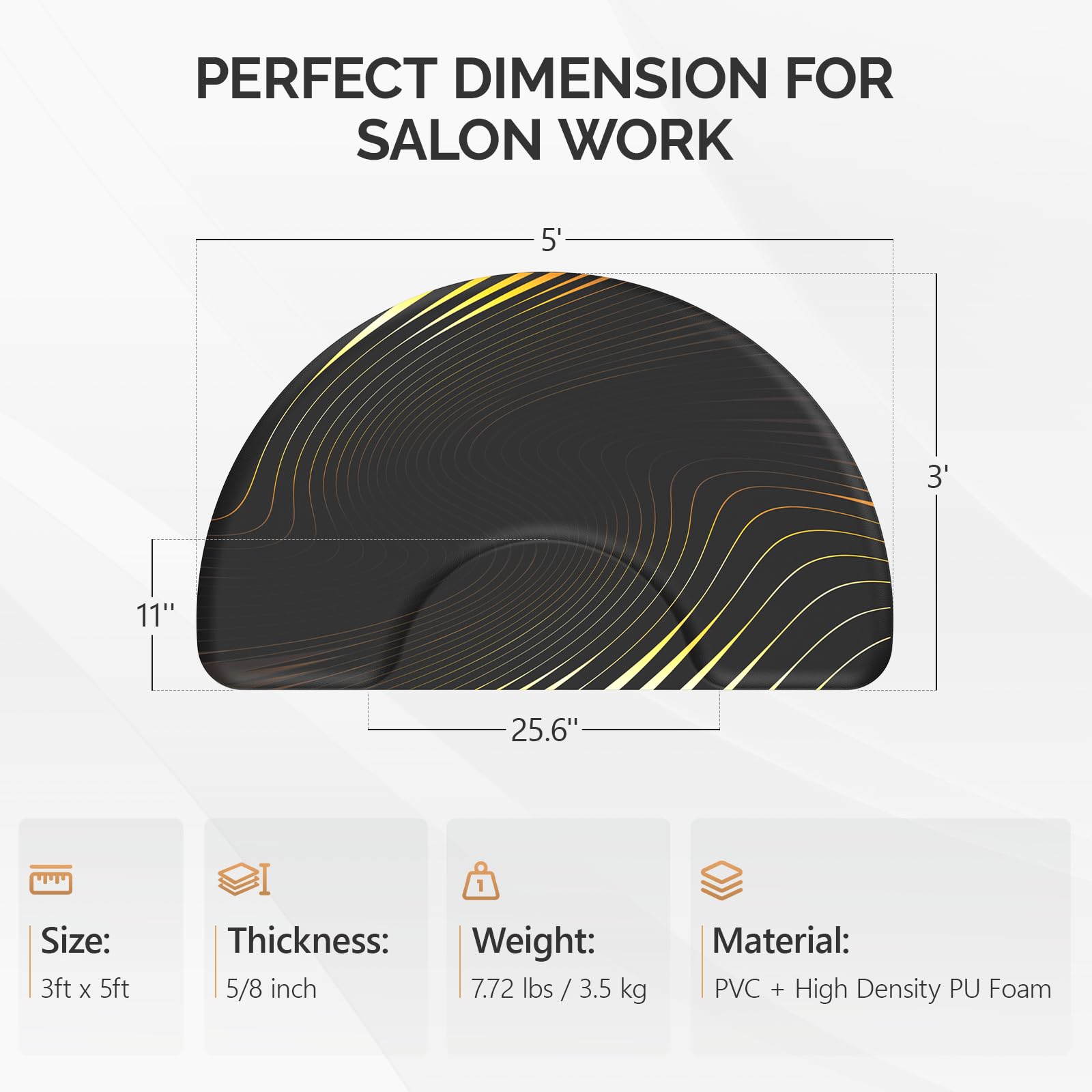 OmySalon 3' x 5' Semi-Circle Anti-Fatigue Salon Mat with Round Cutout 5/8" Thick
