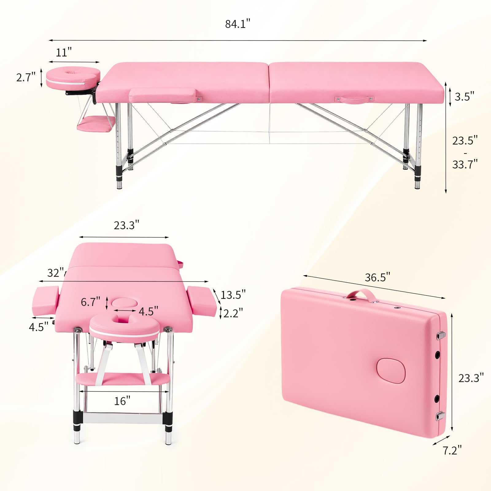 OmySalon FA-MB 84in Portable Height-Adjustable Physical Therapy Massage Table with Aluminum Frame, Face Cradle & Carrying Bag