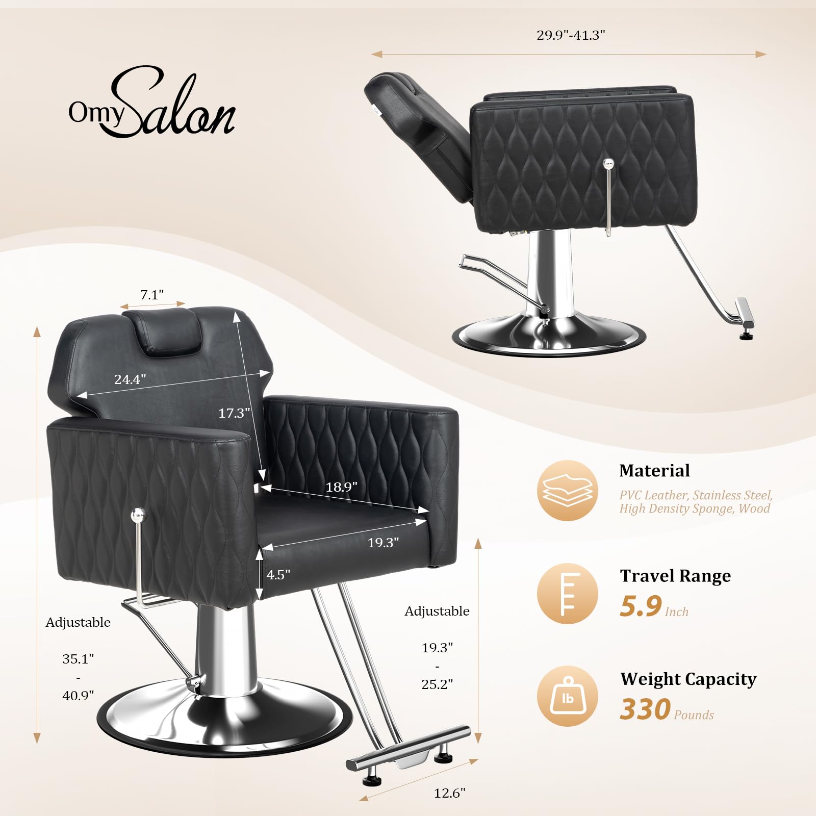 OmySalon SC3501 All Purpose Heavy Duty Hydraulic Reclining Salon Chair w/Headrest and Wave-pattern Armrests