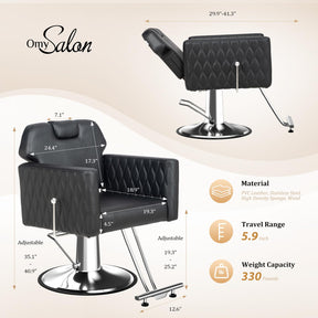 OmySalon SC3501 All Purpose Heavy Duty Hydraulic Reclining Salon Chair w/Headrest and Wave-pattern Armrests