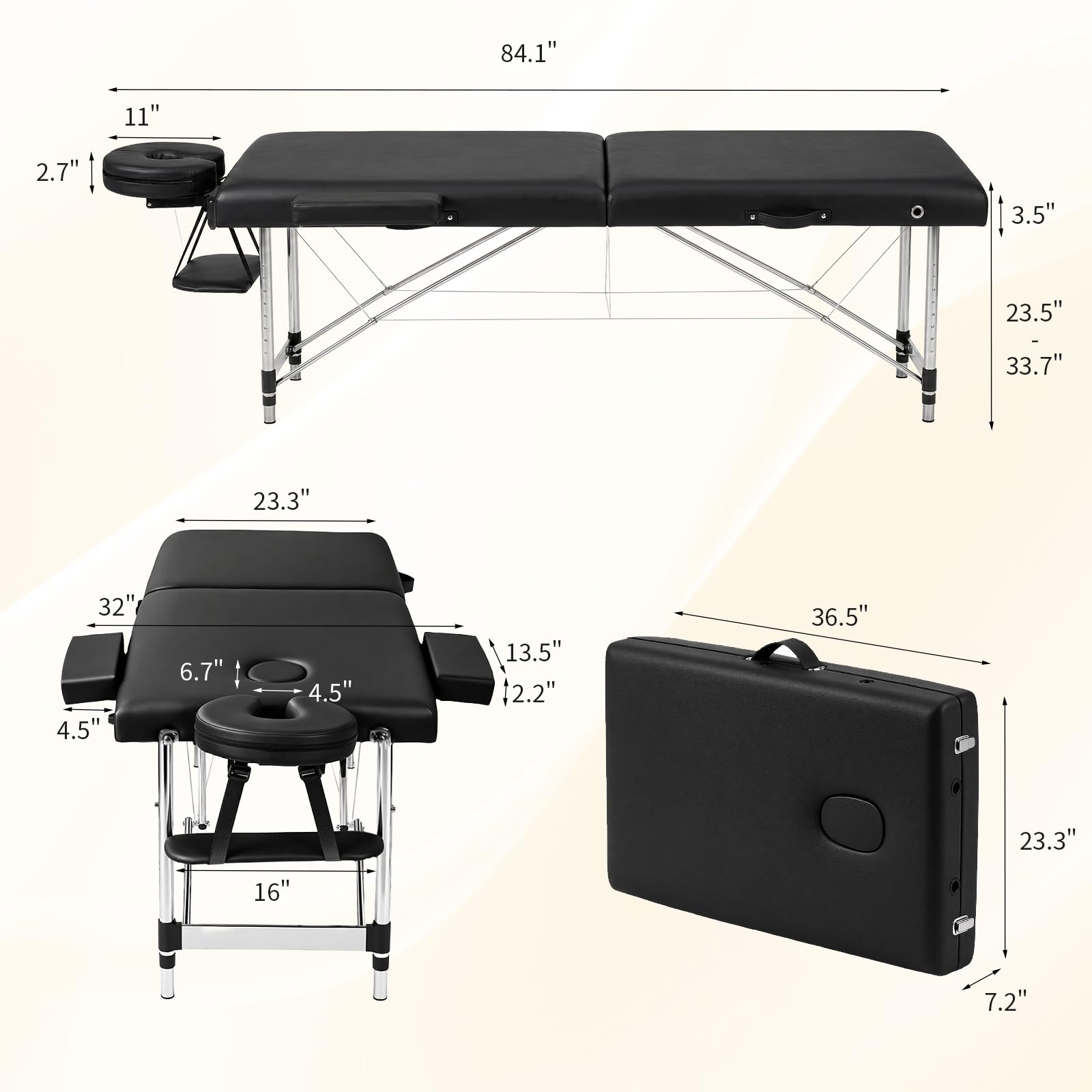 OmySalon FA-MB 84in Portable Height-Adjustable Physical Therapy Massage Table with Aluminum Frame, Face Cradle & Carrying Bag