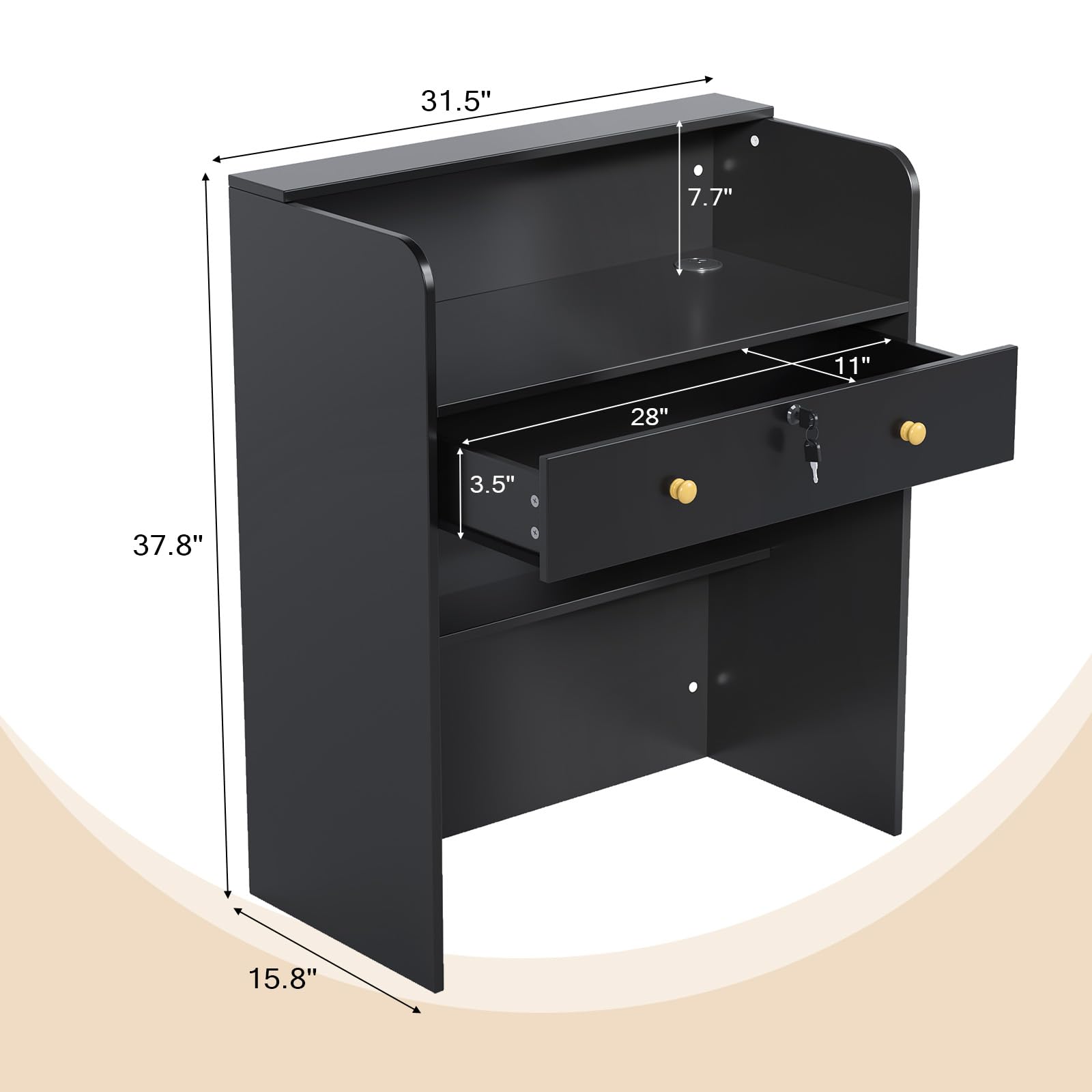 OmySalon RD Modern Wooden Reception Desk with Lockable Drawer and Legroom Rack