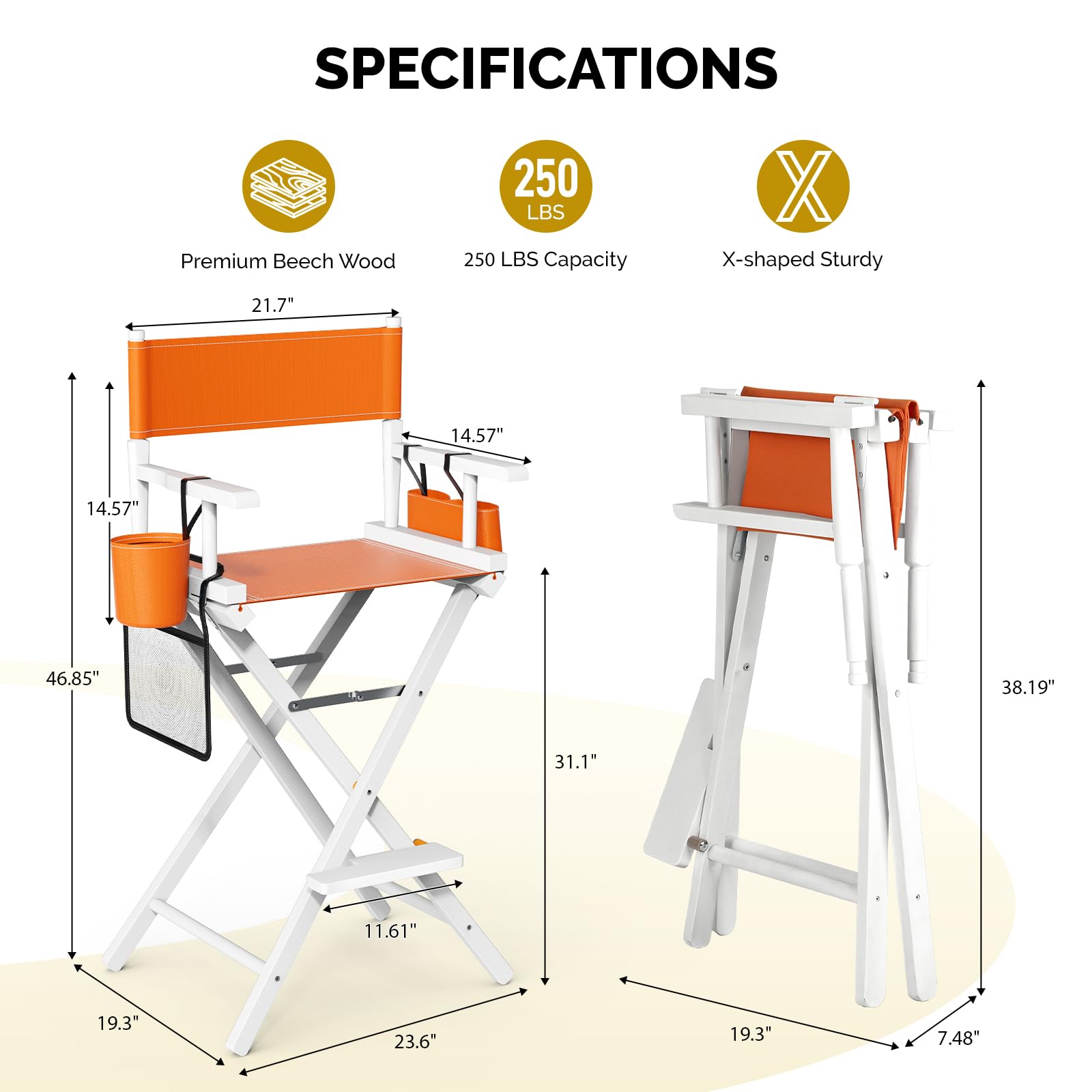 OmySalon 31in Wooden Portable Director Chair Folding Makeup Chair with Storage Pouch