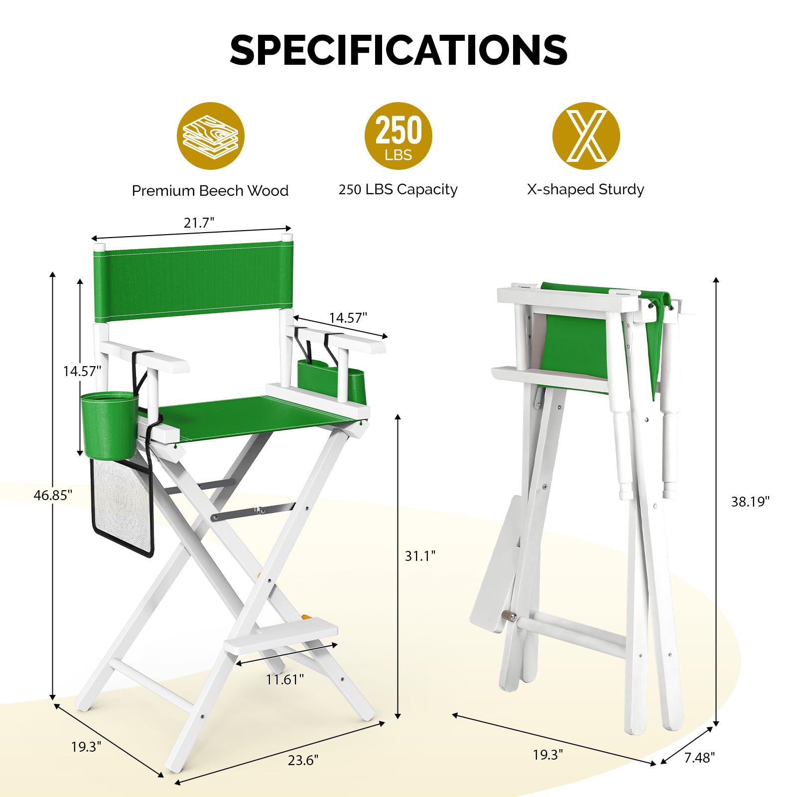 OmySalon 31in Wooden Portable Director Chair Folding Makeup Chair with Storage Pouch