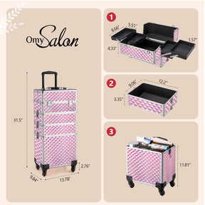OmySalon 4-in-1 Aluminum Lockable Rolling Makeup Train Case