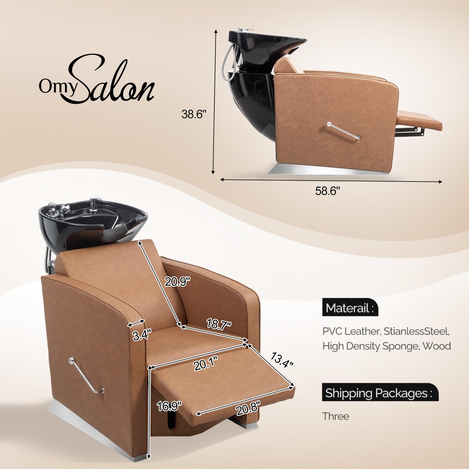 OmySalon BU1221 Salon Shampoo Backwash Chair Unit with Ceramic Shampoo Bowl & Adjustable Footrest
