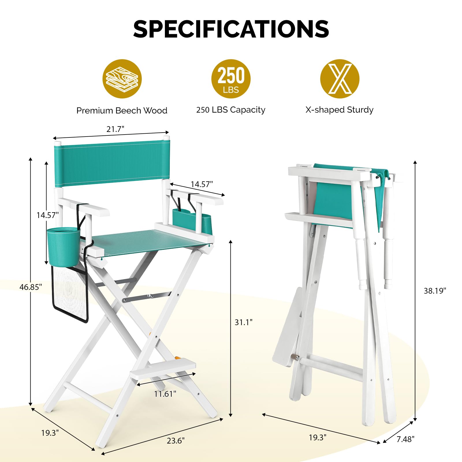 OmySalon 31in Wooden Portable Director Chair Folding Makeup Chair with Storage Pouch