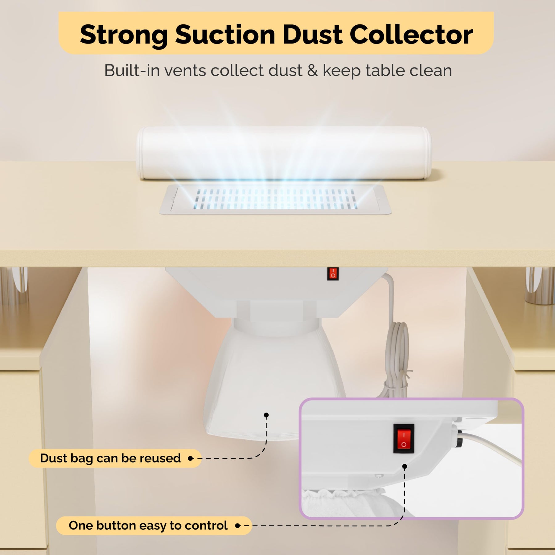 Omysalon MT-DC Nail Manicure Table w/Electric Dust Collector & Wrist Rest & 2 Open Spaces 1 Side Cabinet 4 Drawers