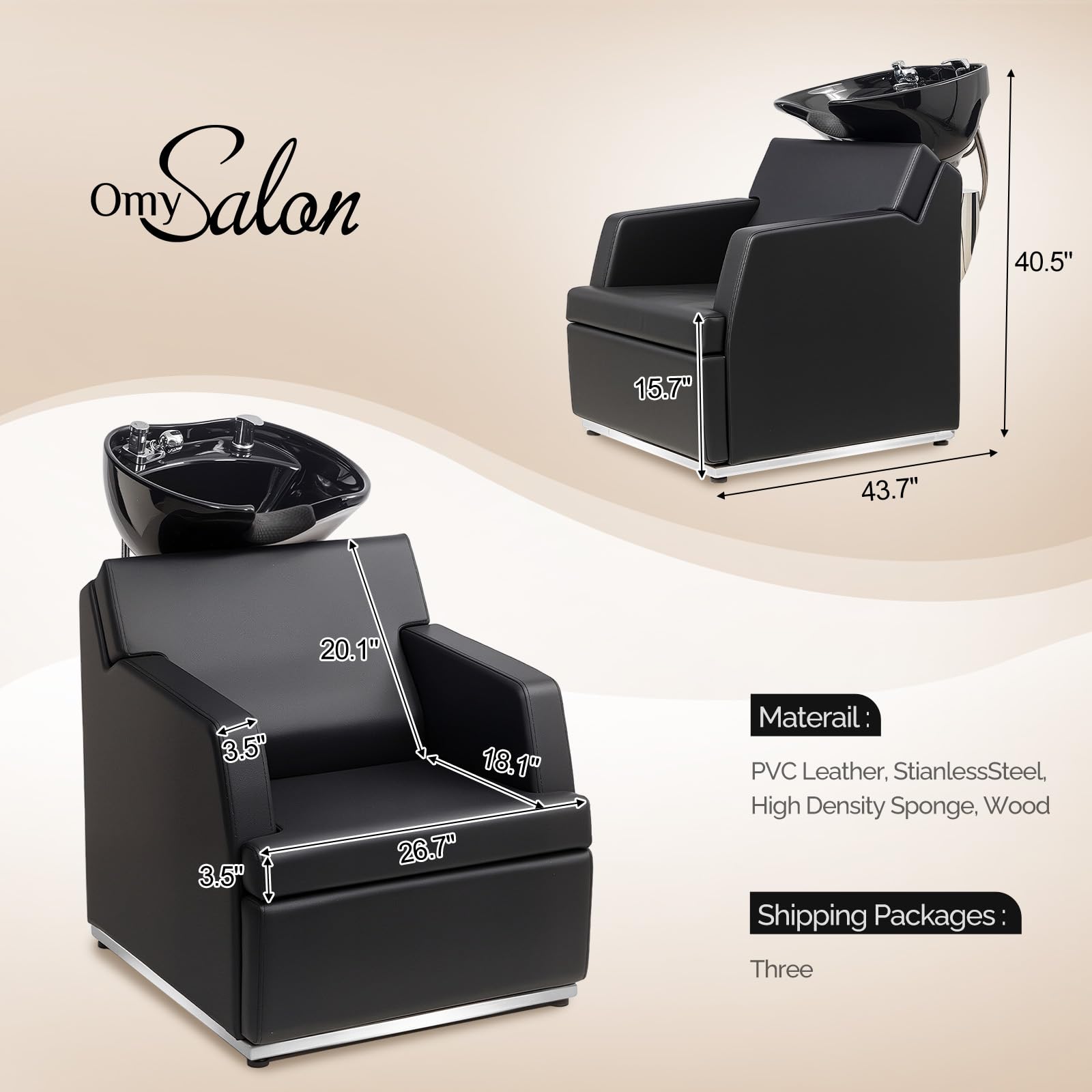 OmySalon BU2601 Salon Shampoo Backwash Chair with Tilting Porcelain Bowl