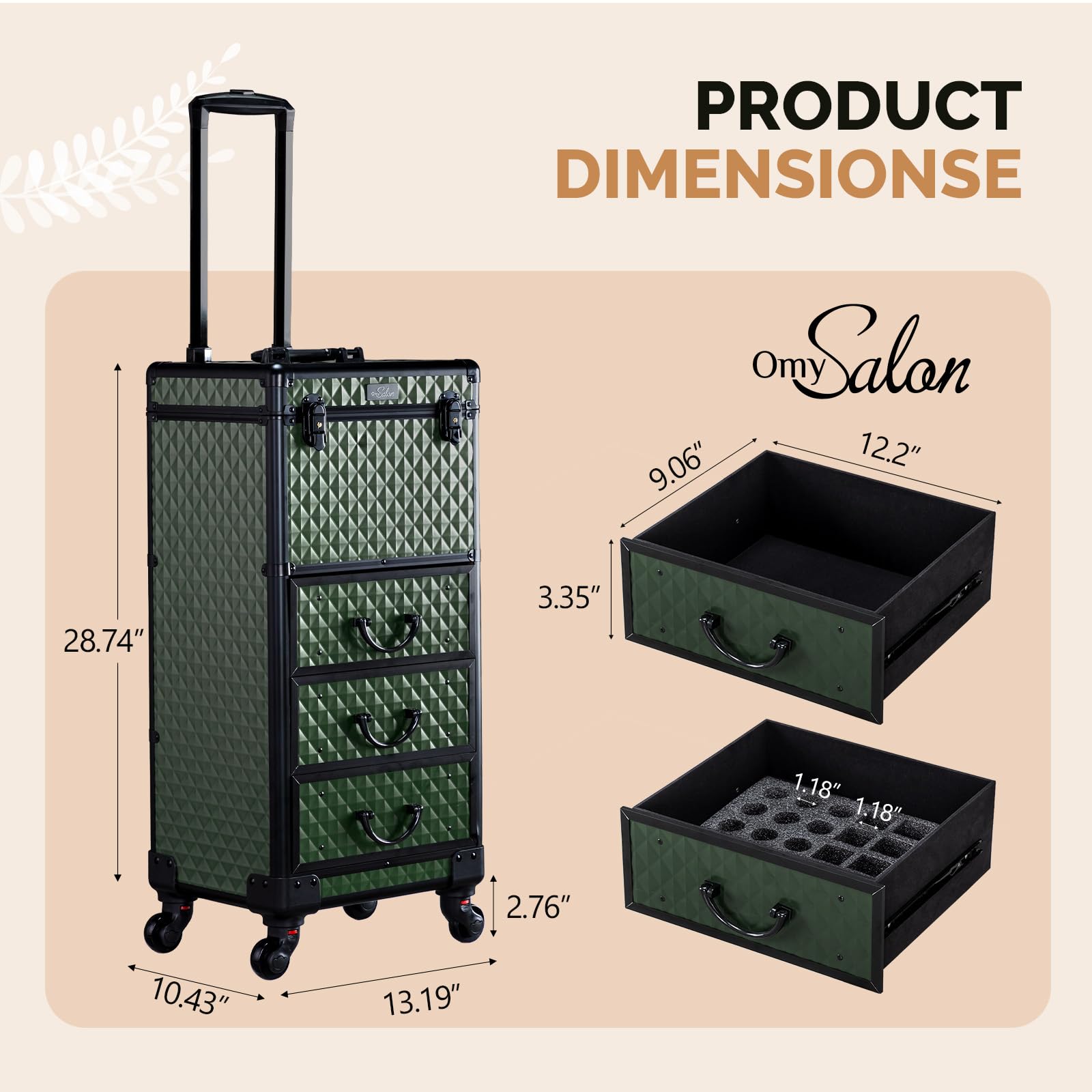 OmySalon Diamond Pattern Aluminum Lockable Rolling Makeup Train Case With 3 Drawers