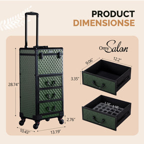OmySalon Diamond Pattern Aluminum Lockable Rolling Makeup Train Case With 3 Drawers