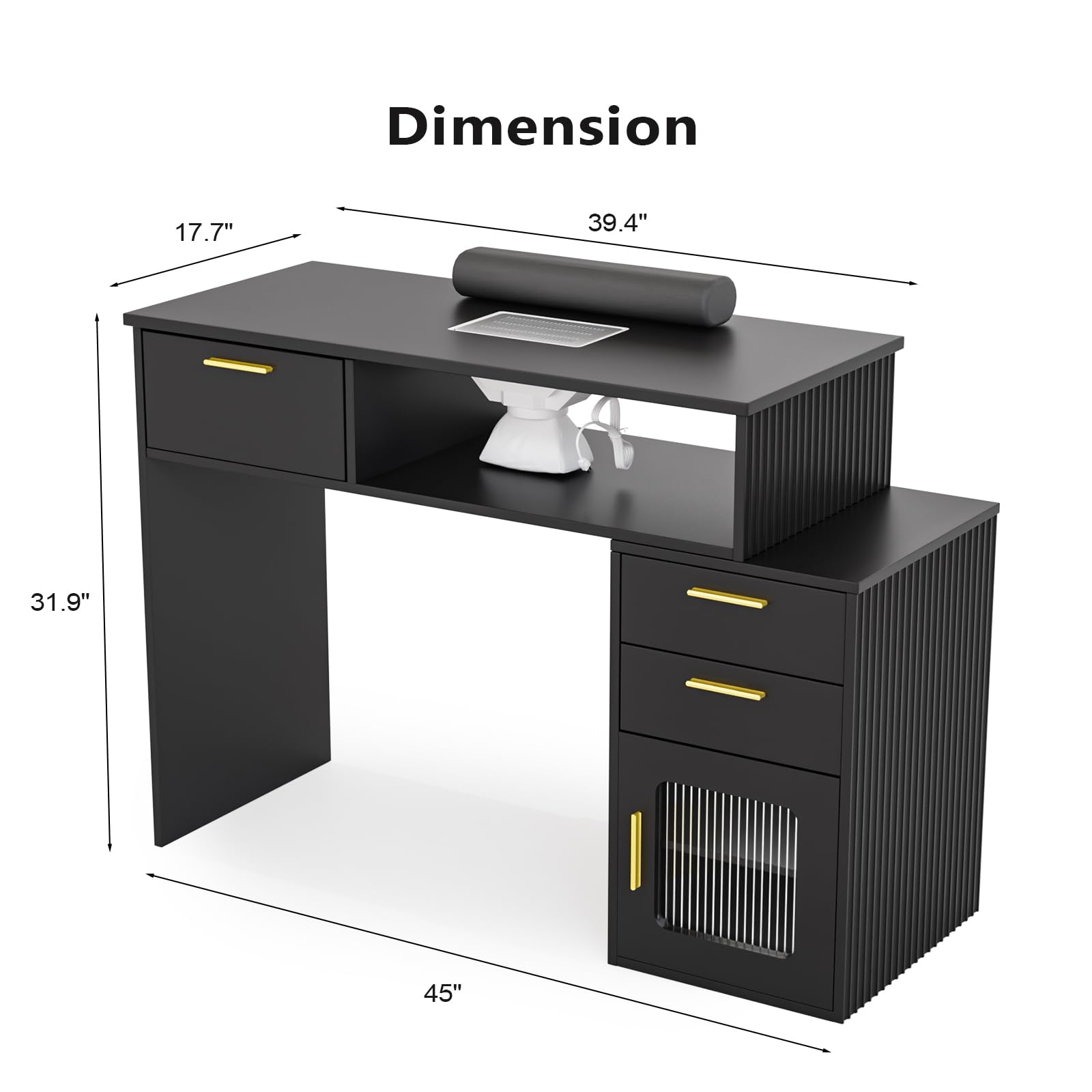 OmySalon MT-FL Nail Manicure Table w/Fluted Glass Cabinet & Electric Dust Collector & & Wrist Rest