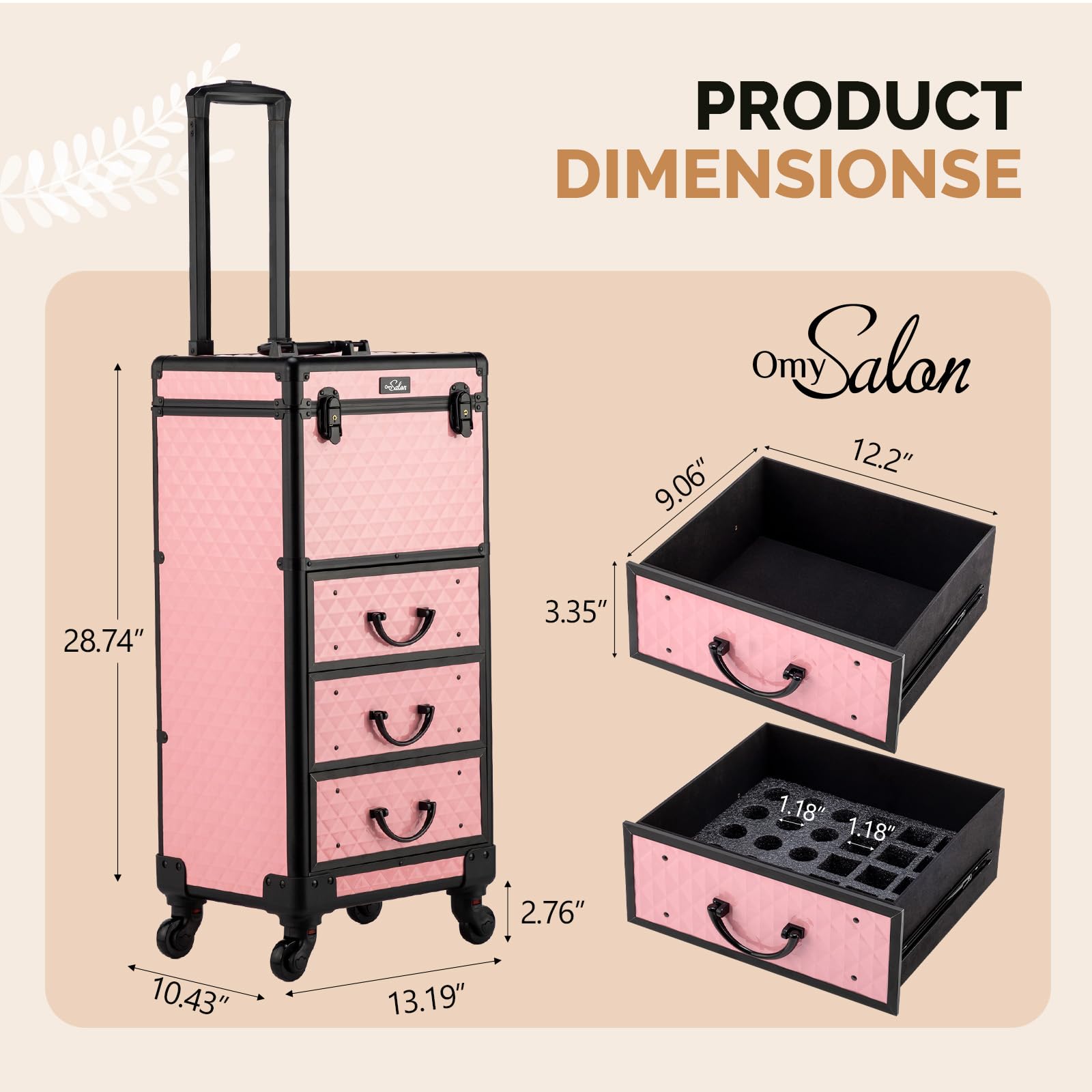 OmySalon Diamond Pattern Aluminum Lockable Rolling Makeup Train Case With 3 Drawers