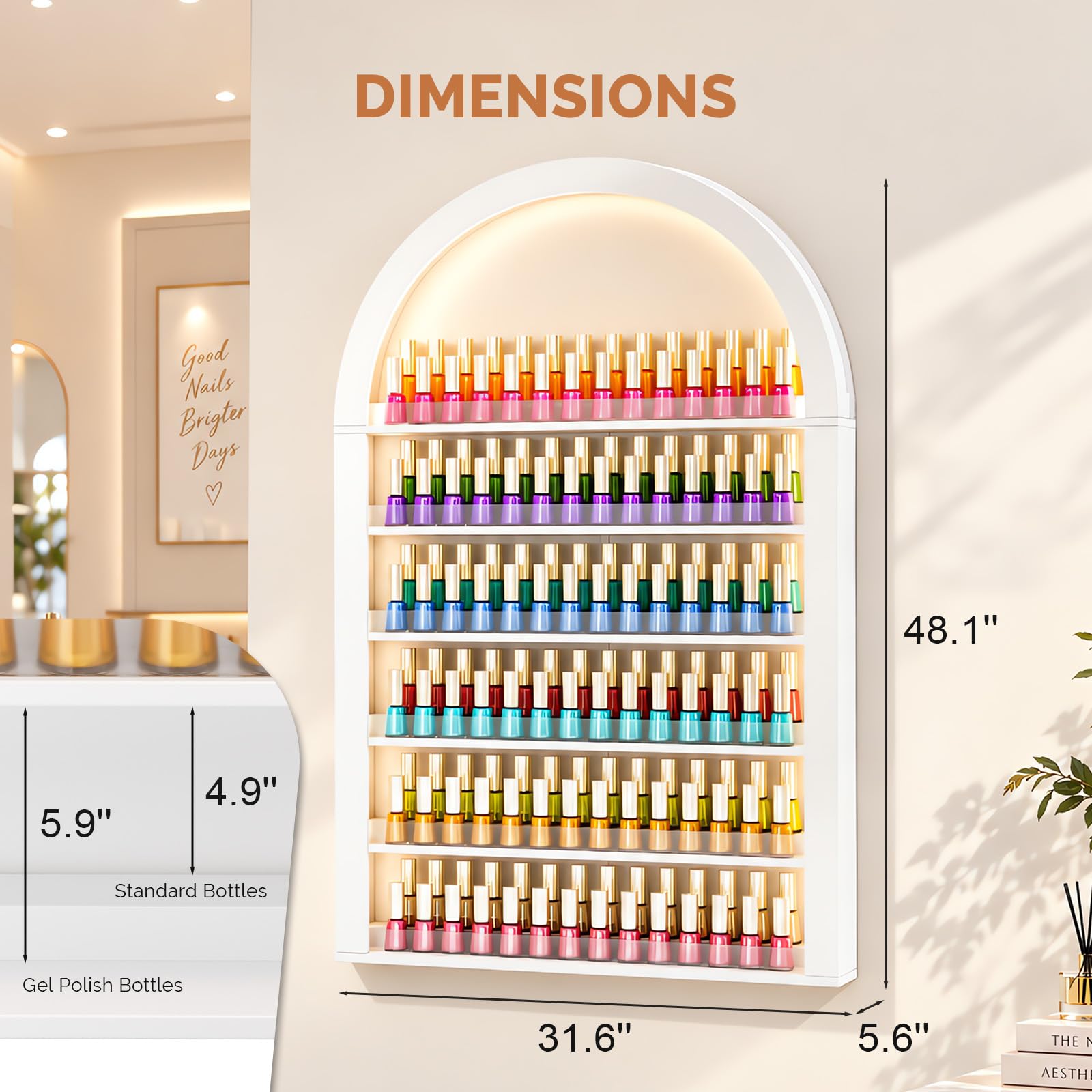 OmySalon Wall-Mounted Double 6-Tier Arched Nail Polish Organizer Rack With Led Lighting
