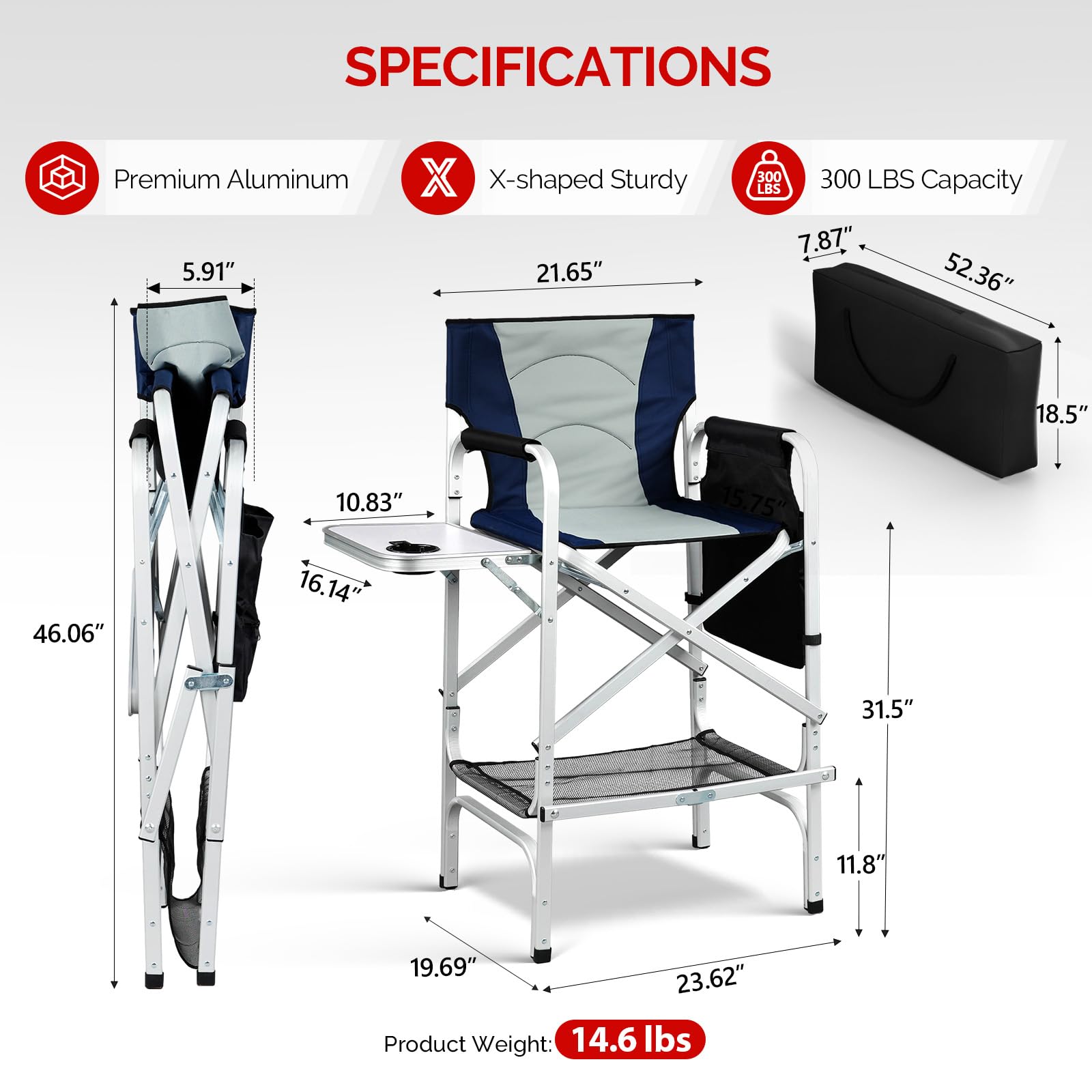 Omysalon 30in Portable Folding Director Chair with Collapsible Side Table