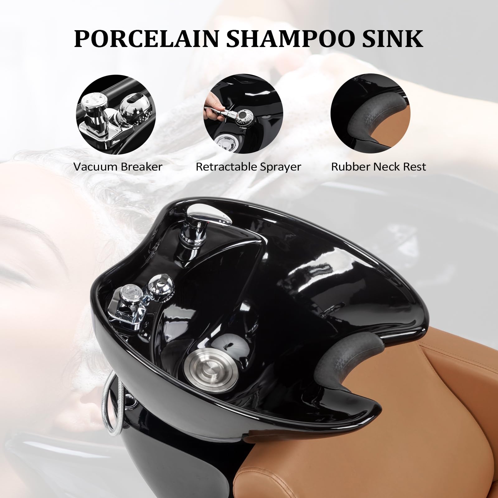 OmySalon Salon Shampoo Bowl and Chair Shampoo Unit with Extra Wide Seat & Porcelain Hair Washing Sink Black/Camel