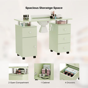 Omysalon MT-DC Nail Manicure Table w/Electric Dust Collector & Wrist Rest & 2 Open Spaces 1 Side Cabinet 4 Drawers